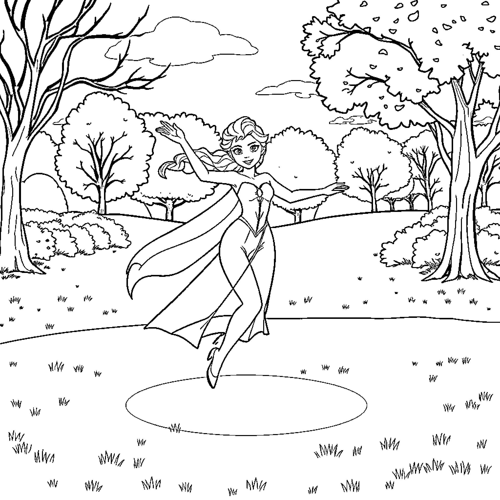 Elsa dancing gracefully in a wintry forest Coloring Page (free black-and-white line drawing printable PDF for all, from beginners to advanced learners, including children, teens, adults, and seniors)