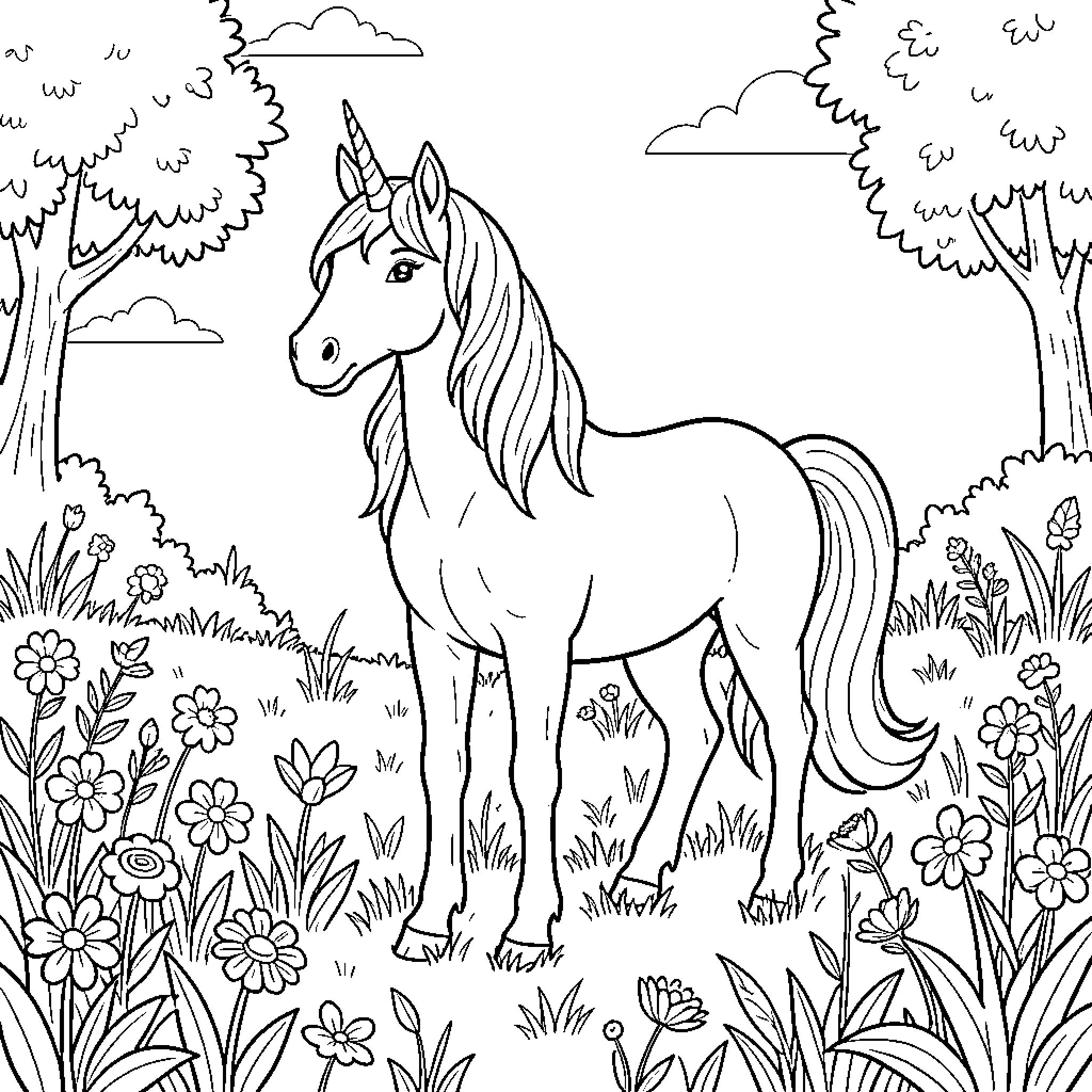 Unicorn standing peacefully in a flowery meadow Coloring Page (free black-and-white line drawing printable PDF for all, from beginners to advanced learners, including children, teens, adults, and seniors)