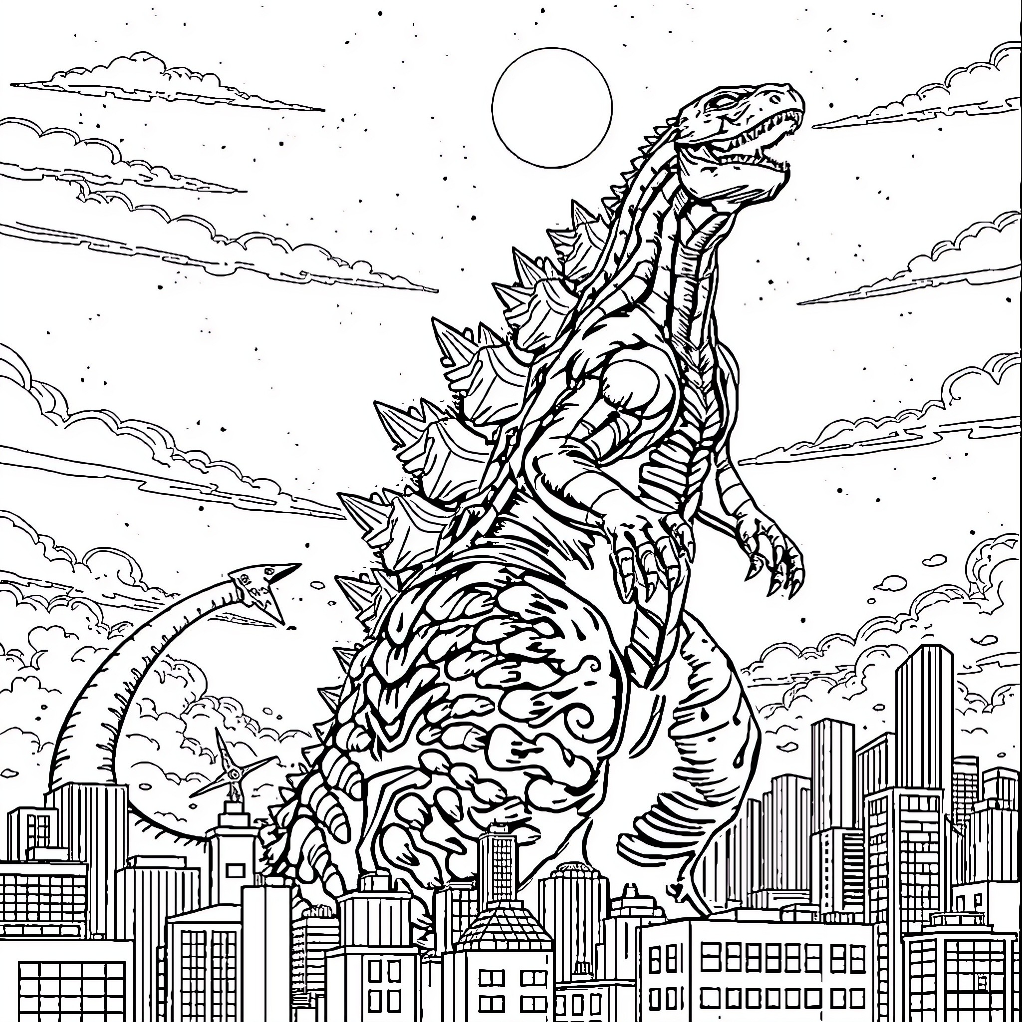 Godzilla stomping through the city skyline Coloring Page (free black-and-white line drawing printable PDF for all, from beginners to advanced learners, including children, teens, adults, and seniors)
