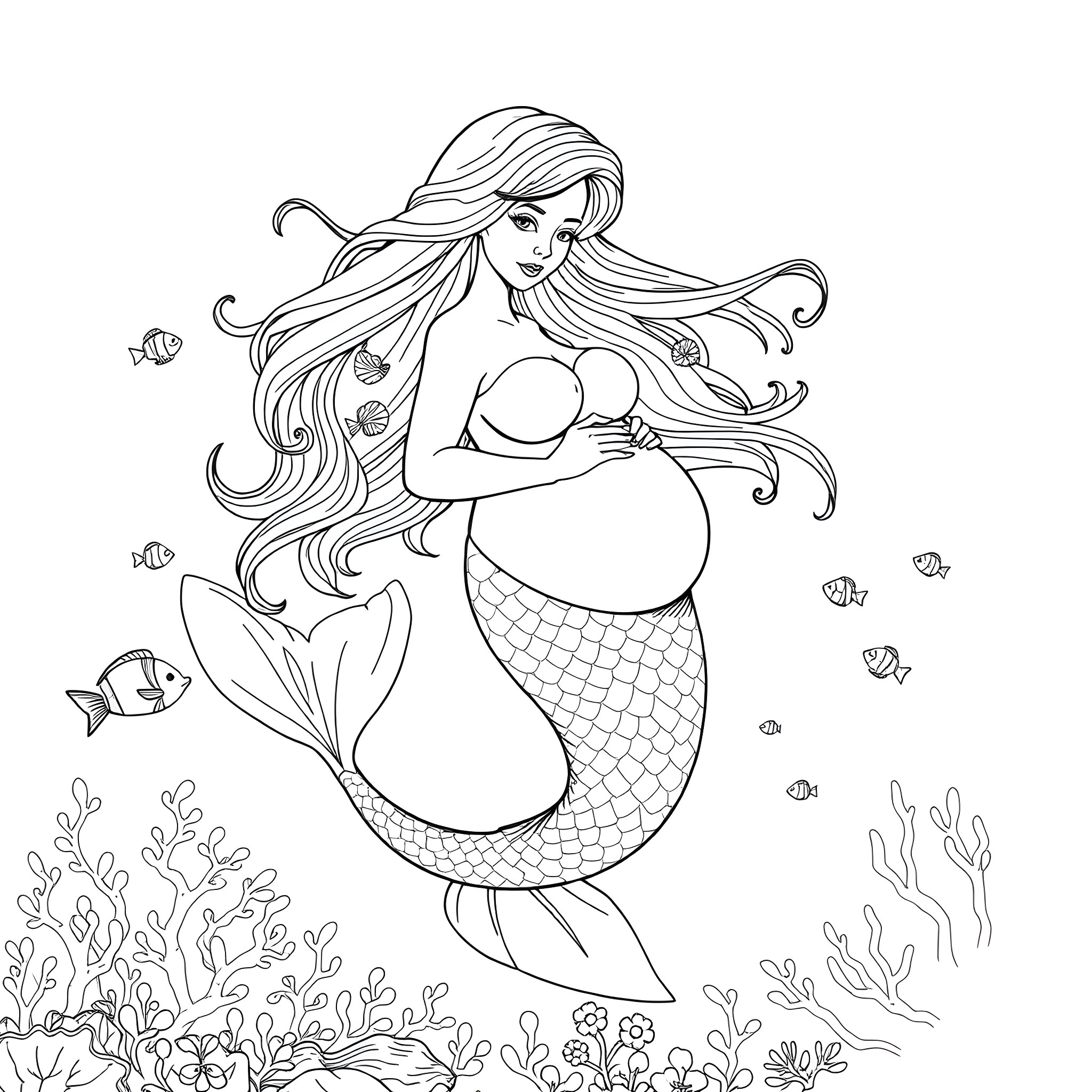 Mermaid swimming gracefully in the underwater paradise Coloring Page (free black-and-white line drawing printable PDF for all, from beginners to advanced learners, including children, teens, adults, and seniors)