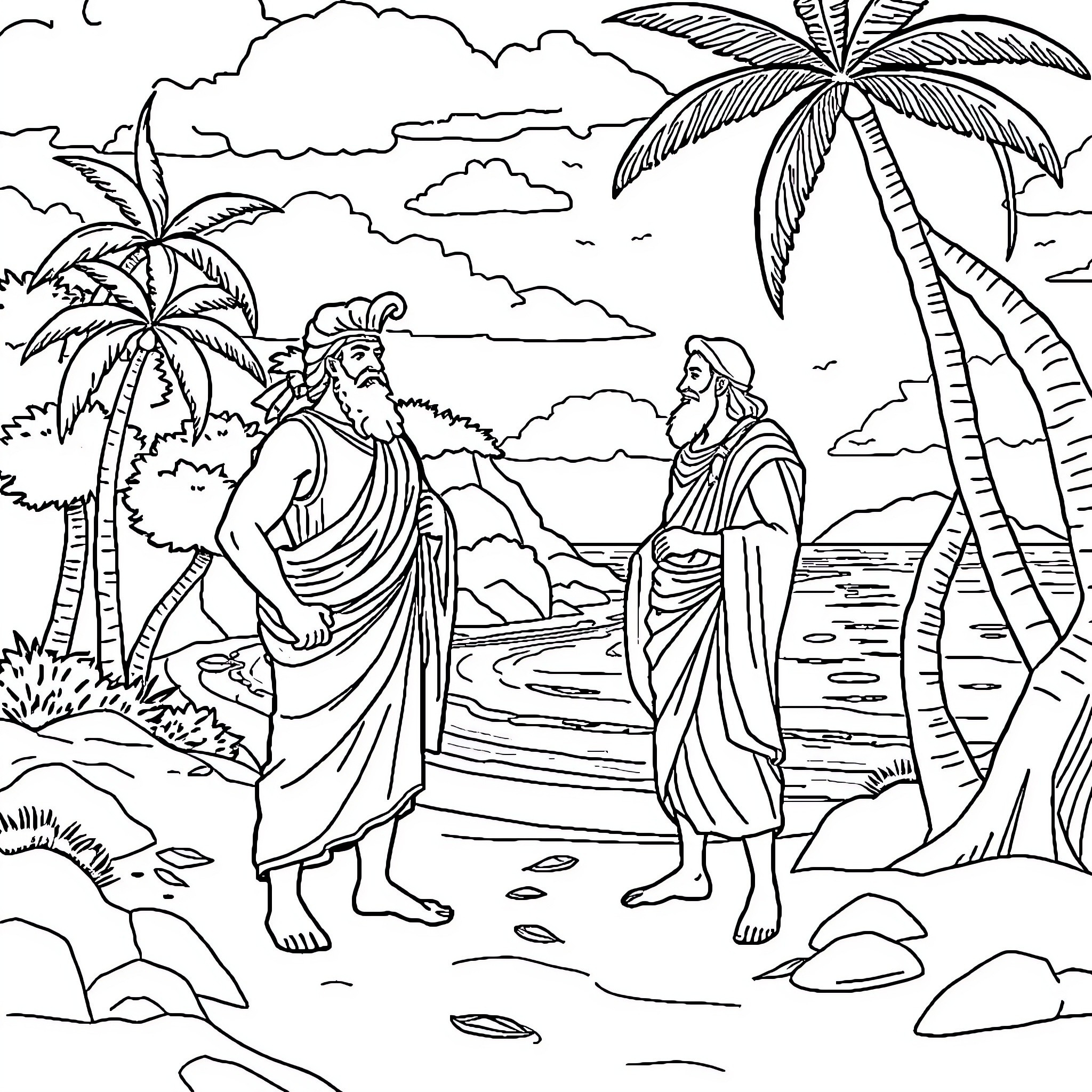 Odysseus encounters a fellow traveler on a tropical beach Coloring Page (free black-and-white line drawing printable PDF for all, from beginners to advanced learners, including children, teens, adults, and seniors)