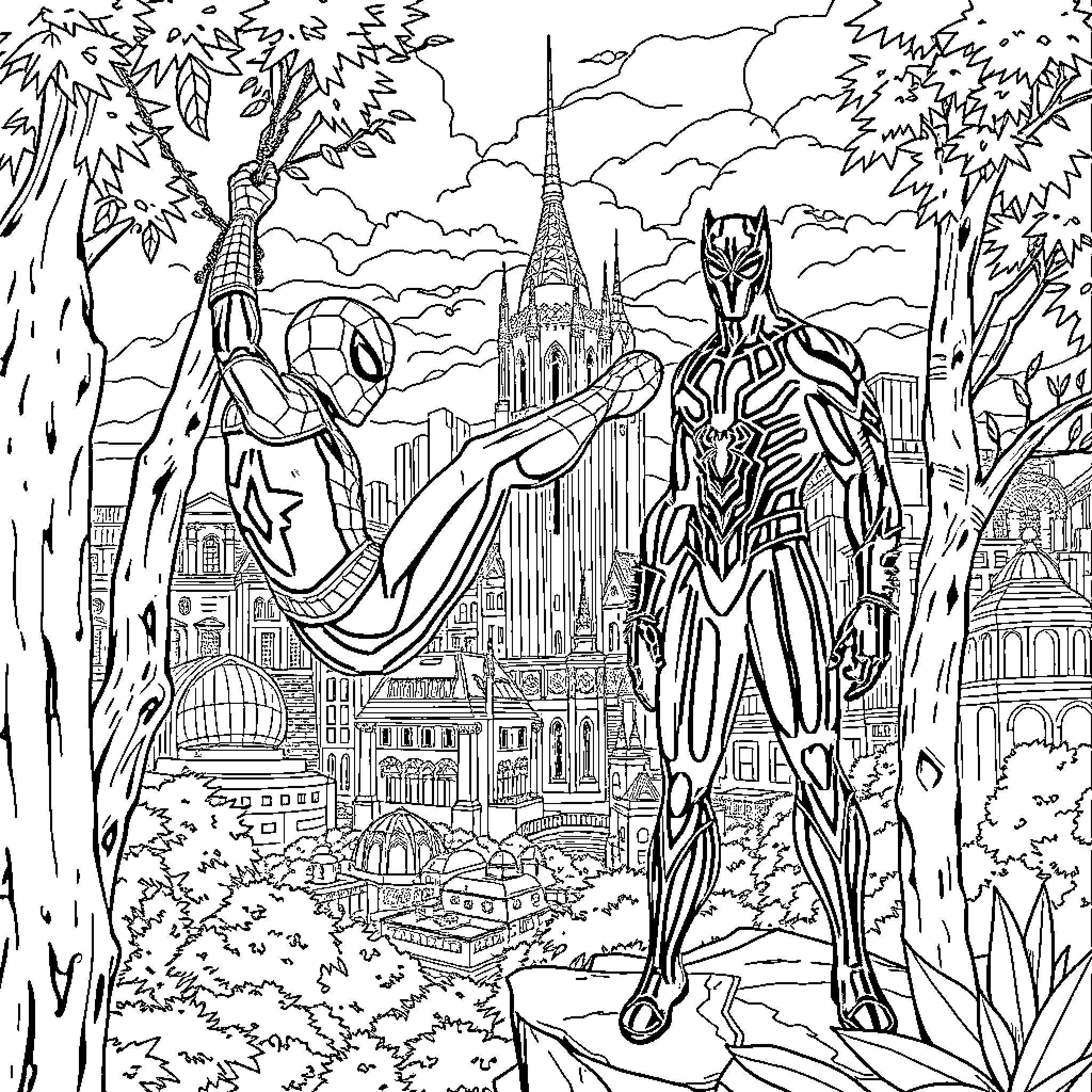 Spider-Man swinging over the city skyline Coloring Page (free black-and-white line drawing printable PDF for all, from beginners to advanced learners, including children, teens, adults, and seniors)