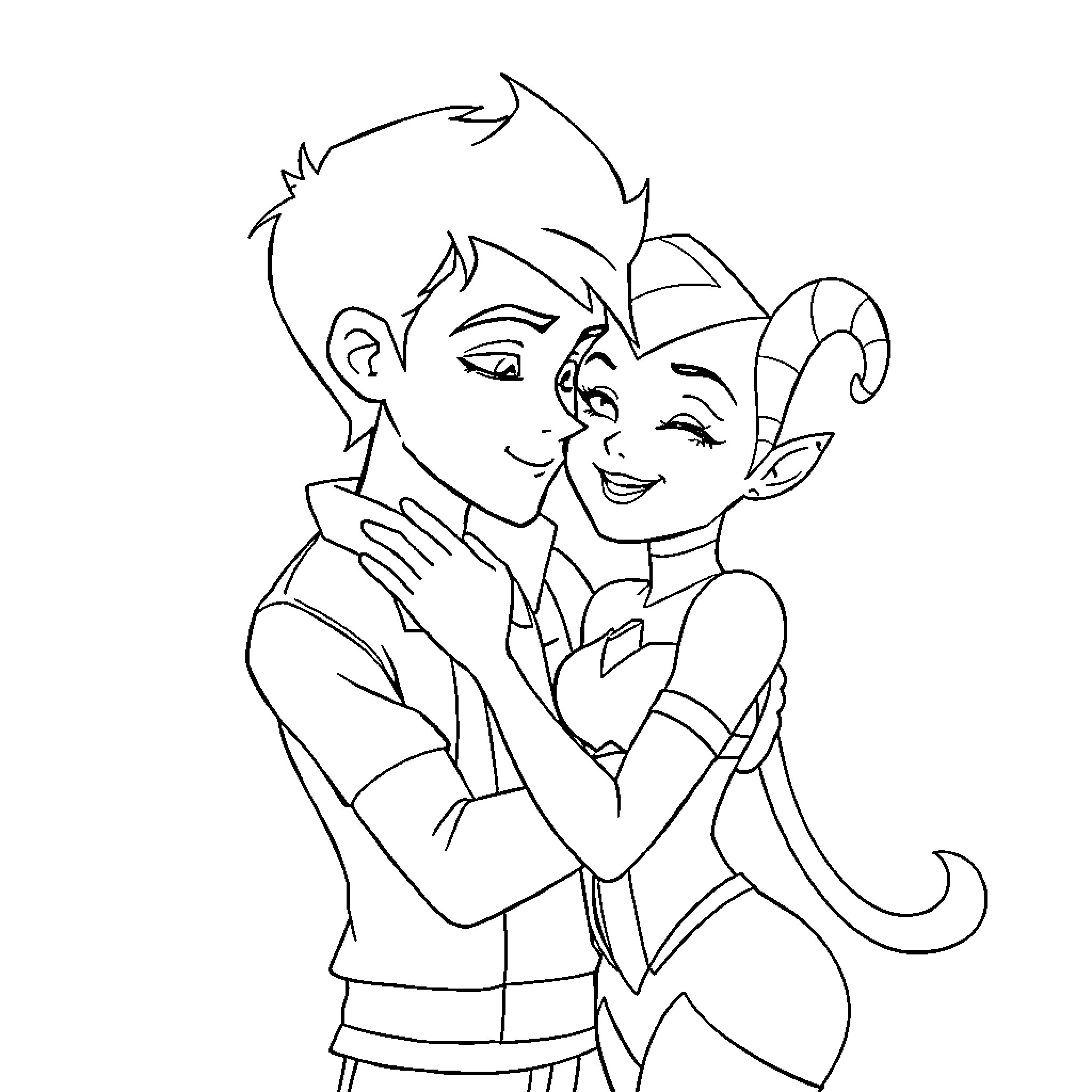 Ben 10 embracing his alien companion with affection Coloring Page (free black-and-white line drawing printable PDF for all, from beginners to advanced learners, including children, teens, adults, and seniors)