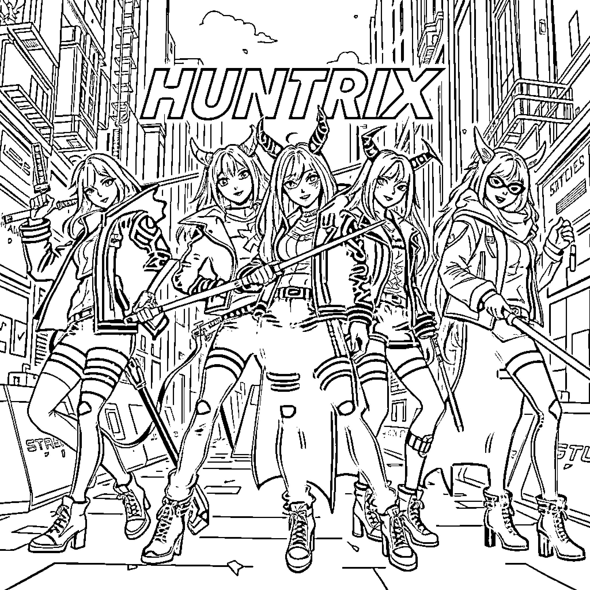 Huntrix: Team of Fierce Female Fighters in Action Coloring Page (free black-and-white line drawing printable PDF for all, from beginners to advanced learners, including children, teens, adults, and seniors)