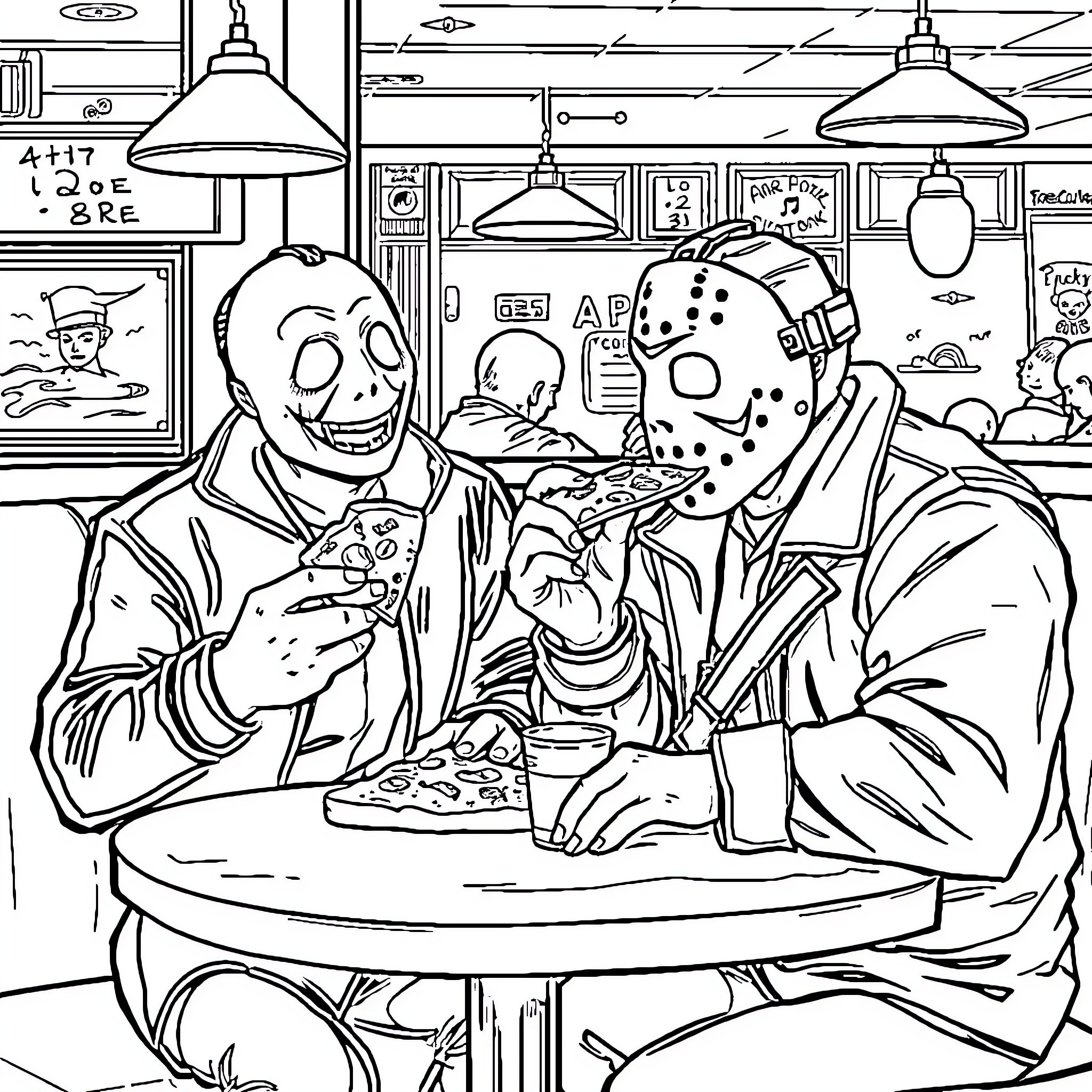 Ghostface characters enjoying pizza in a diner Coloring Page (free black-and-white line drawing printable PDF for all, from beginners to advanced learners, including children, teens, adults, and seniors)