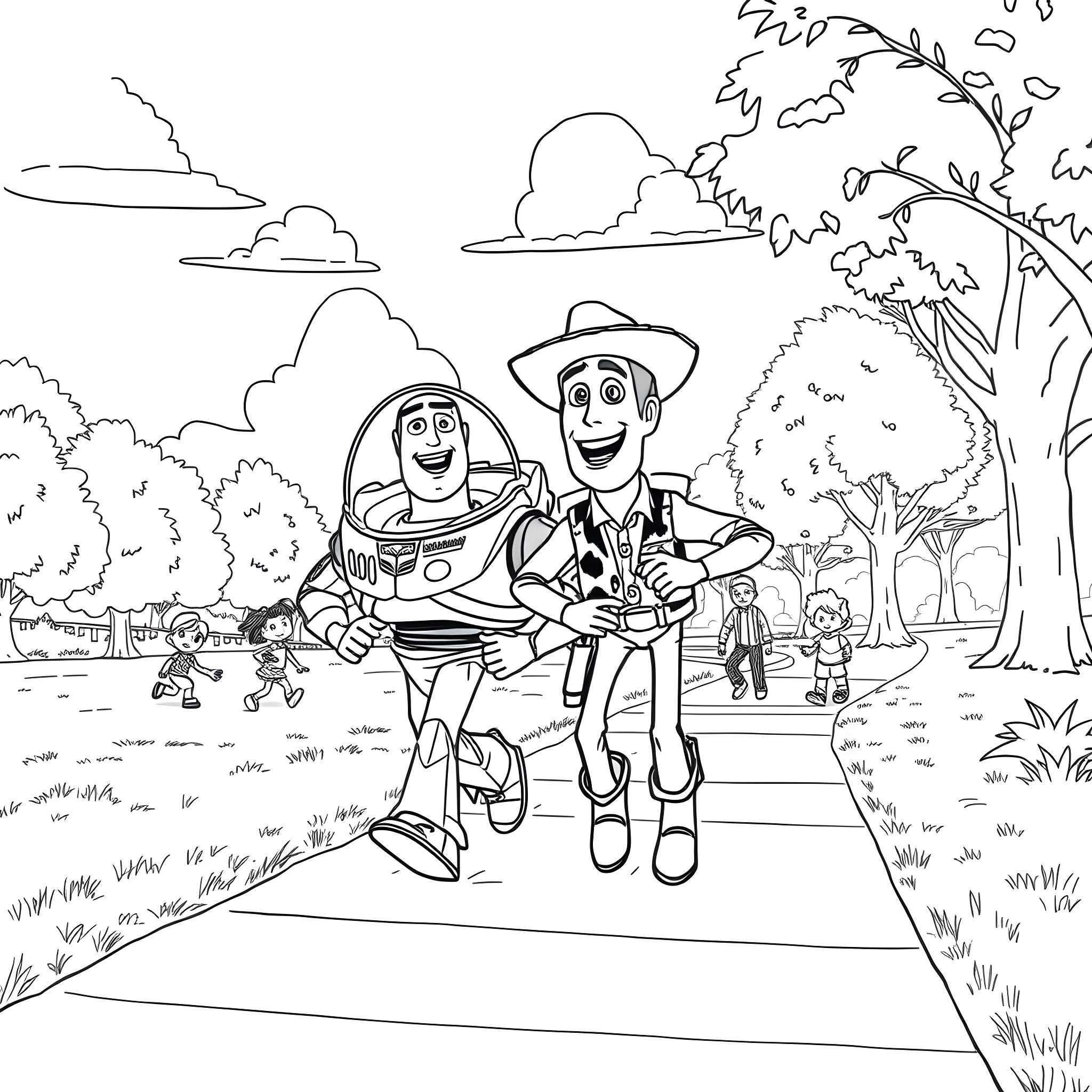 Woody and Buzz Lightyear walking on a path in a park Coloring Page (free black-and-white line drawing printable PDF for all, from beginners to advanced learners, including children, teens, adults, and seniors)