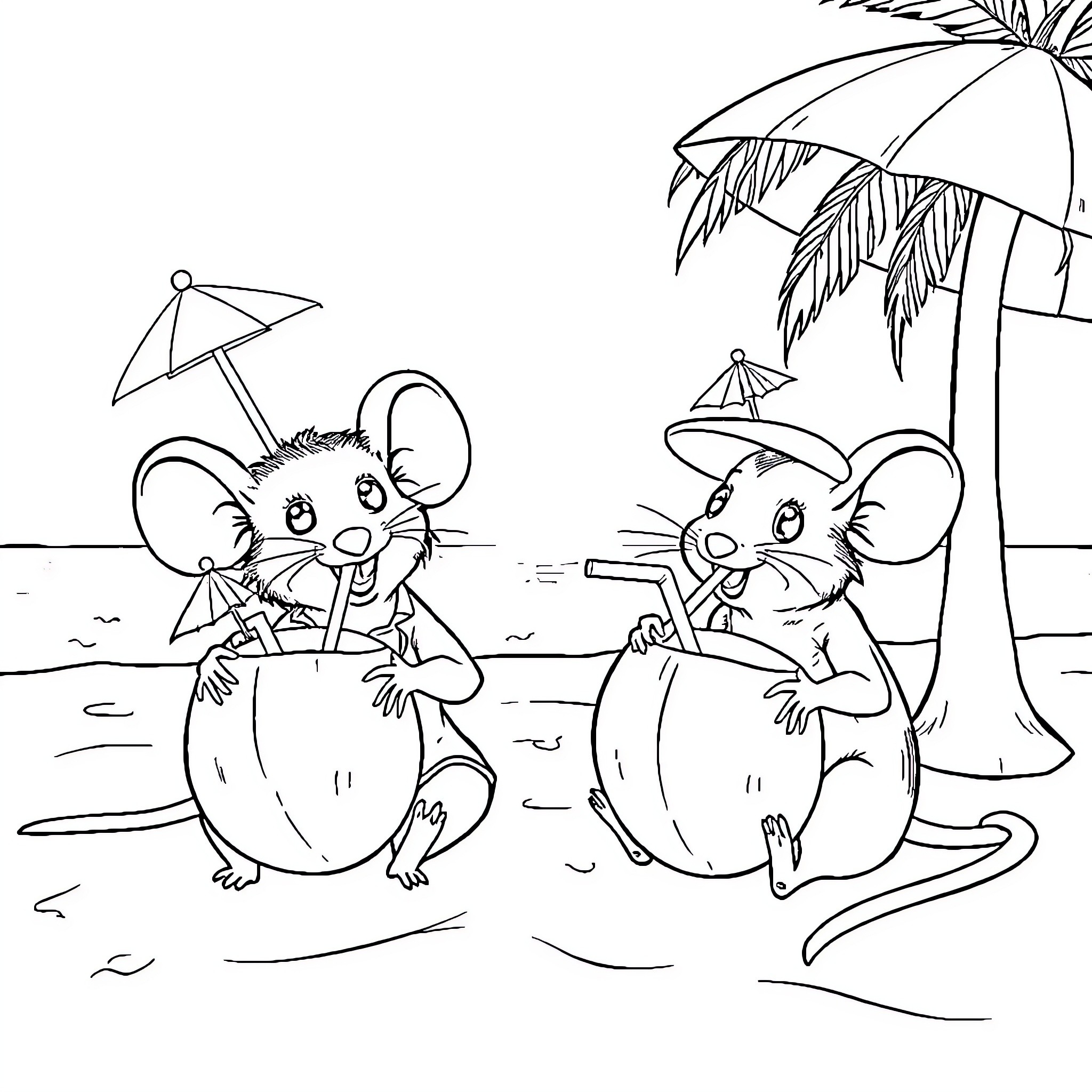 Mouse friends enjoying beach day under parasol Coloring Page (free black-and-white line drawing printable PDF for all, from beginners to advanced learners, including children, teens, adults, and seniors)
