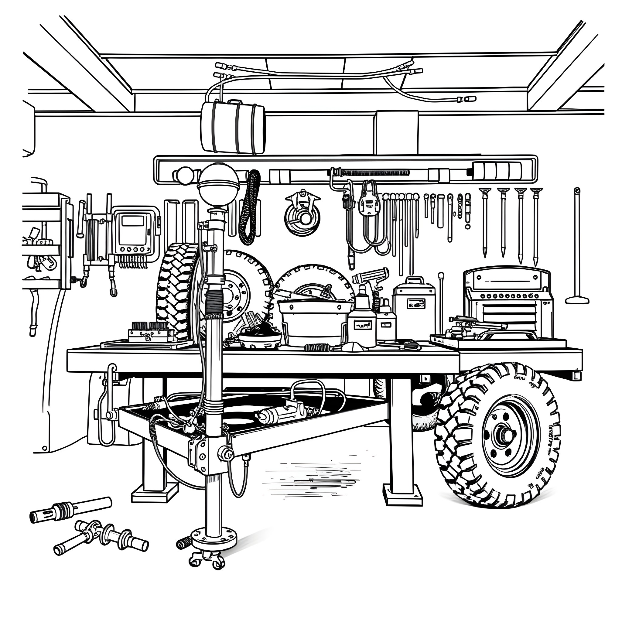 Trailer for Mechanics' Garage Workshop Tools Coloring Page (free black-and-white line drawing printable PDF for all, from beginners to advanced learners, including children, teens, adults, and seniors)