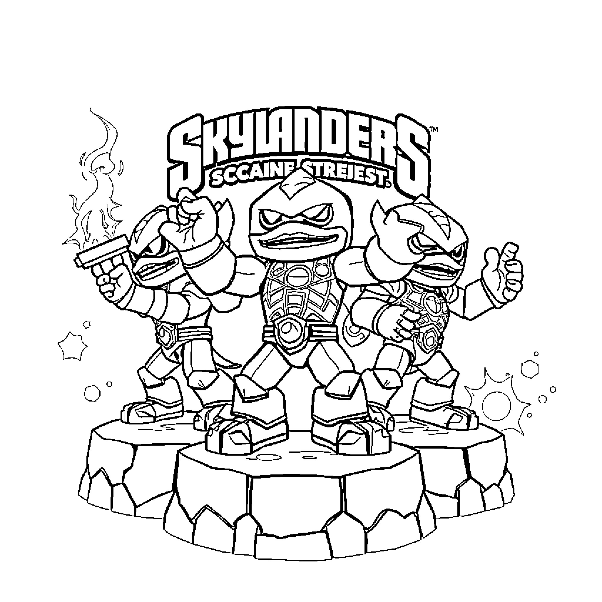 Skylanders battling fiercely on a rocky platform Coloring Page (free black-and-white line drawing printable PDF for all, from beginners to advanced learners, including children, teens, adults, and seniors)