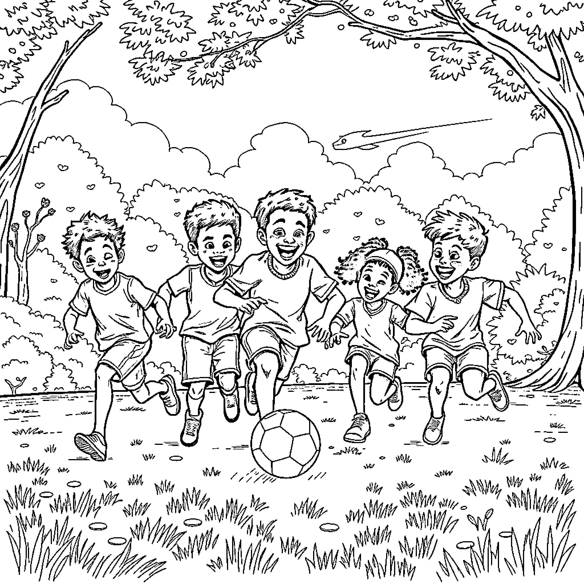 Kid Friends Playing Soccer in the Park Coloring Page (free black-and-white line drawing printable PDF for all, from beginners to advanced learners, including children, teens, adults, and seniors)