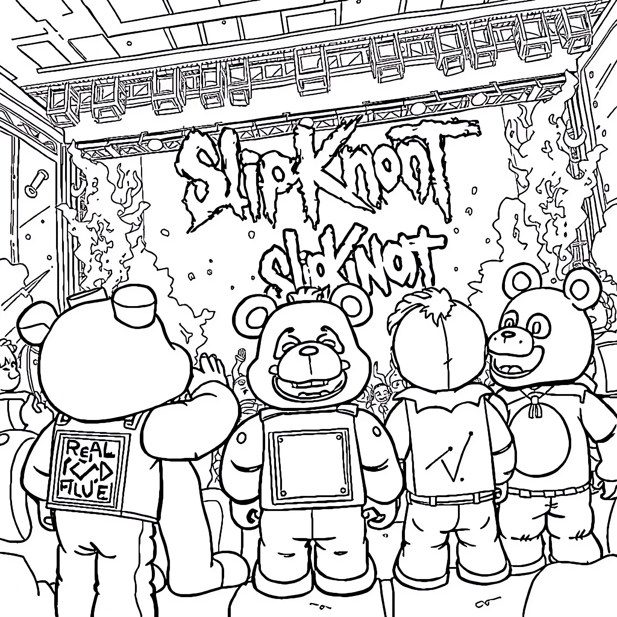 FNAF characters in a graffiti-covered environment Coloring Page (free black-and-white line drawing printable PDF for all, from beginners to advanced learners, including children, teens, adults, and seniors)