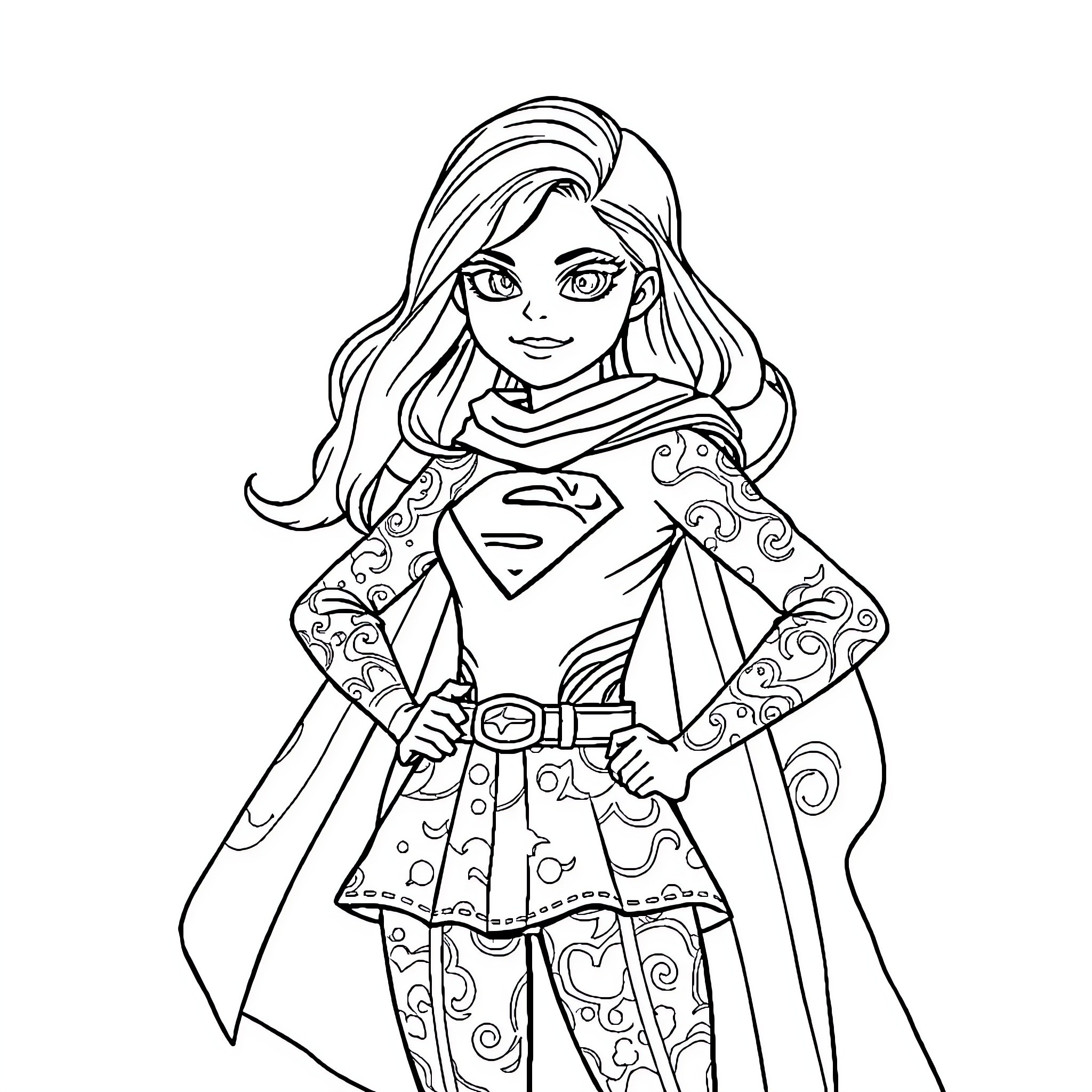 Super Girl in Heroic Pose and Stylish Outfit Coloring Page (free black-and-white line drawing printable PDF for all, from beginners to advanced learners, including children, teens, adults, and seniors)