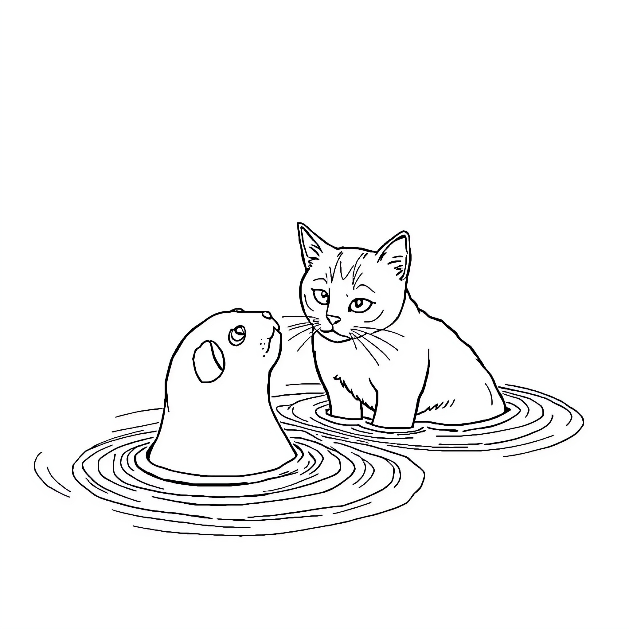 Cat playing in water with fish Coloring Page (free black-and-white line drawing printable PDF for all, from beginners to advanced learners, including children, teens, adults, and seniors)