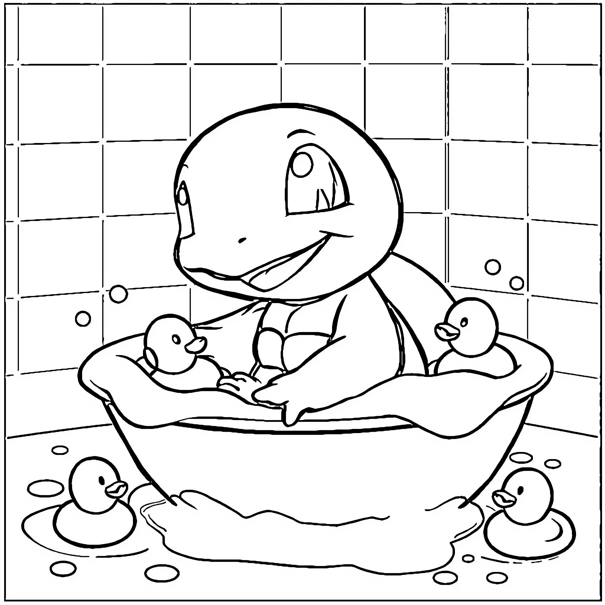 Squirtle enjoying bath time with ducklings Coloring Page (free black-and-white line drawing printable PDF for all, from beginners to advanced learners, including children, teens, adults, and seniors)