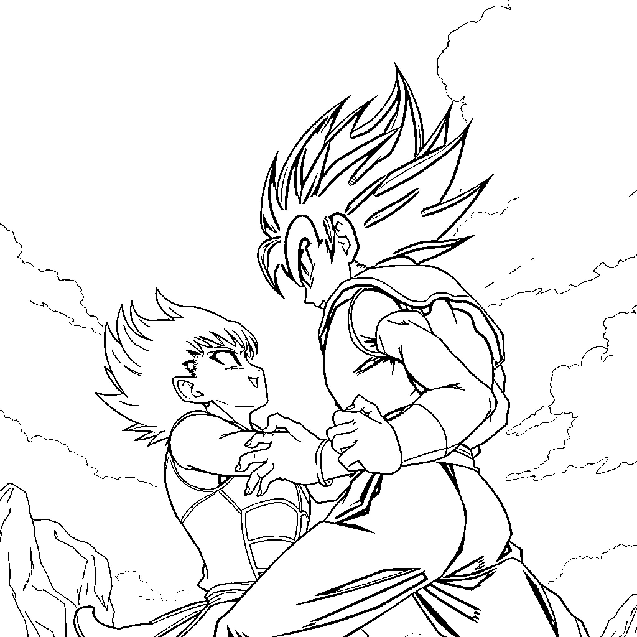 Vegeta in Fierce Anime Battle Coloring Page (free black-and-white line drawing printable PDF for all, from beginners to advanced learners, including children, teens, adults, and seniors)