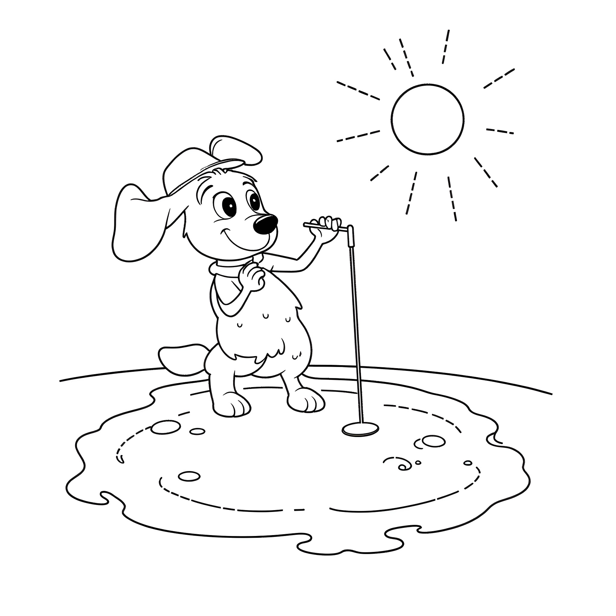 Bingo the Dog Enjoying Sunny Day Outdoors Coloring Page (free black-and-white line drawing printable PDF for all, from beginners to advanced learners, including children, teens, adults, and seniors)