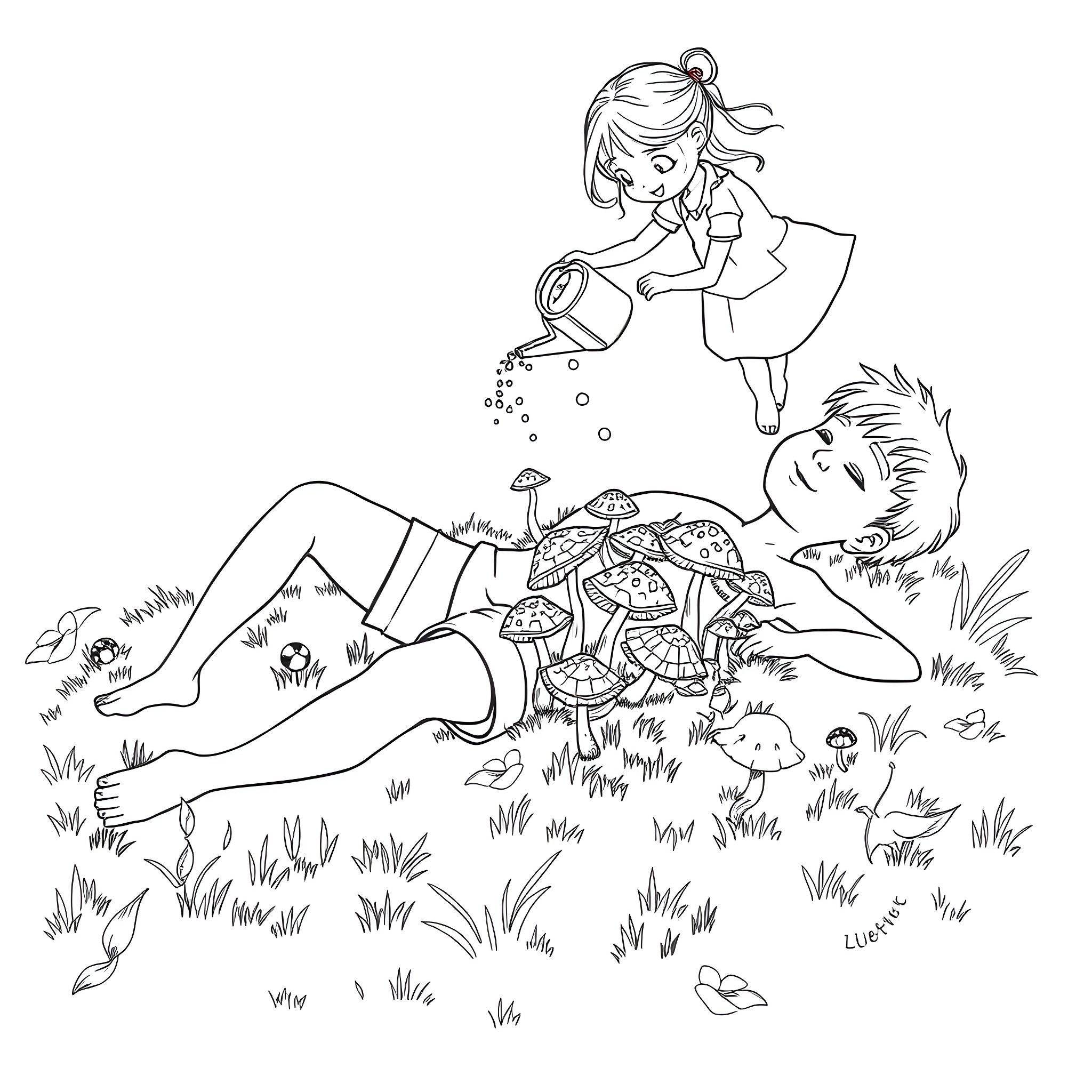 Surreal Scene of Girl Watering Mushrooms and Boy Resting Coloring Page (free black-and-white line drawing printable PDF for all, from beginners to advanced learners, including children, teens, adults, and seniors)