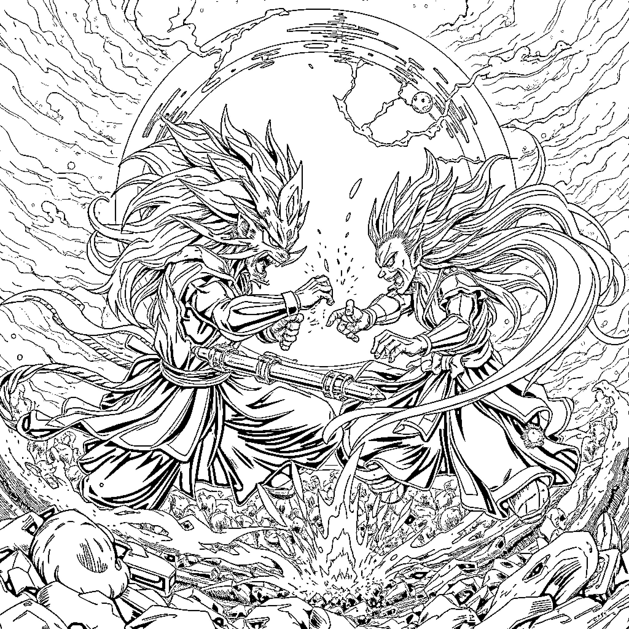 Rengoku's Fierce Clash Against a Demonic Foe Coloring Page (free black-and-white line drawing printable PDF for all, from beginners to advanced learners, including children, teens, adults, and seniors)