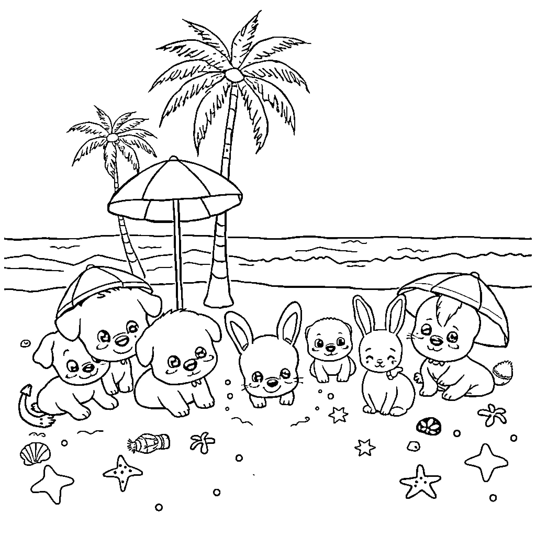 Animal friends enjoying a beach day Coloring Page (free black-and-white line drawing printable PDF for all, from beginners to advanced learners, including children, teens, adults, and seniors)