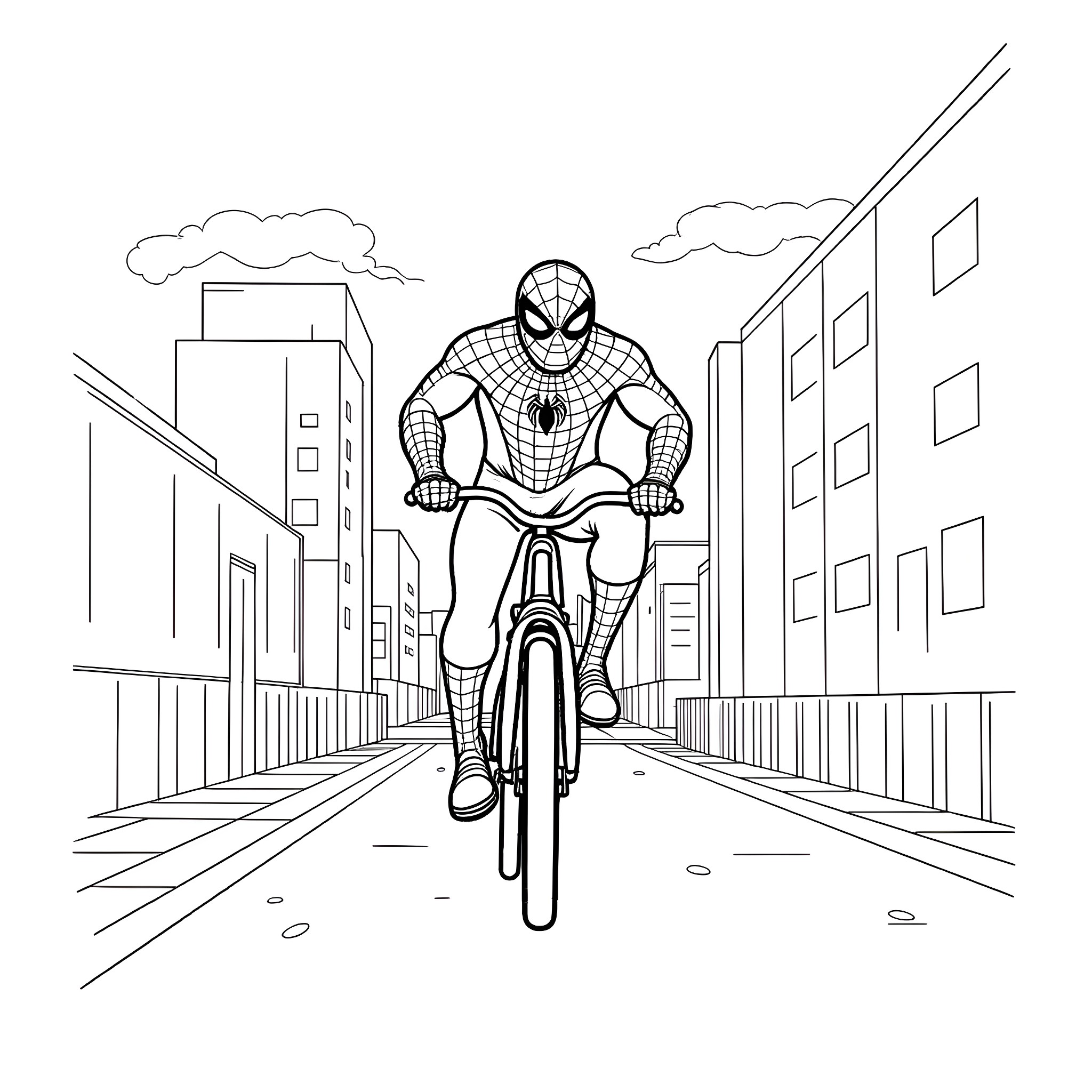 Spiderman riding a bicycle through the city Coloring Page (free black-and-white line drawing printable PDF for all, from beginners to advanced learners, including children, teens, adults, and seniors)
