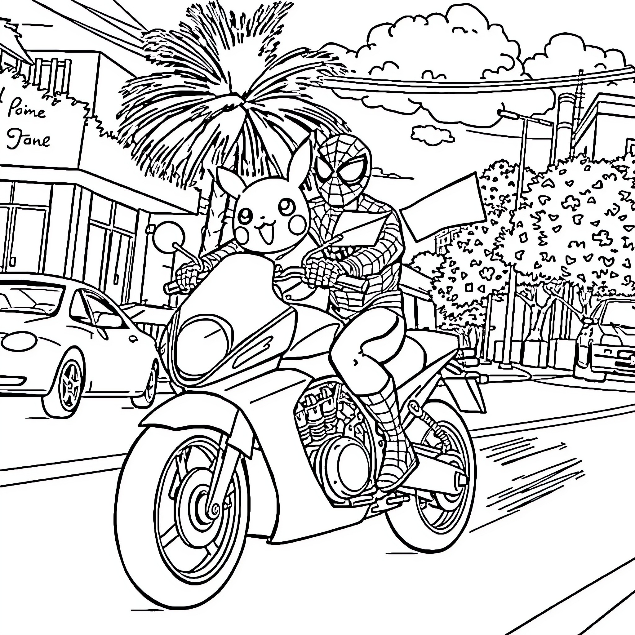 Spiderman riding a motorcycle in the city Coloring Page (free black-and-white line drawing printable PDF for all, from beginners to advanced learners, including children, teens, adults, and seniors)