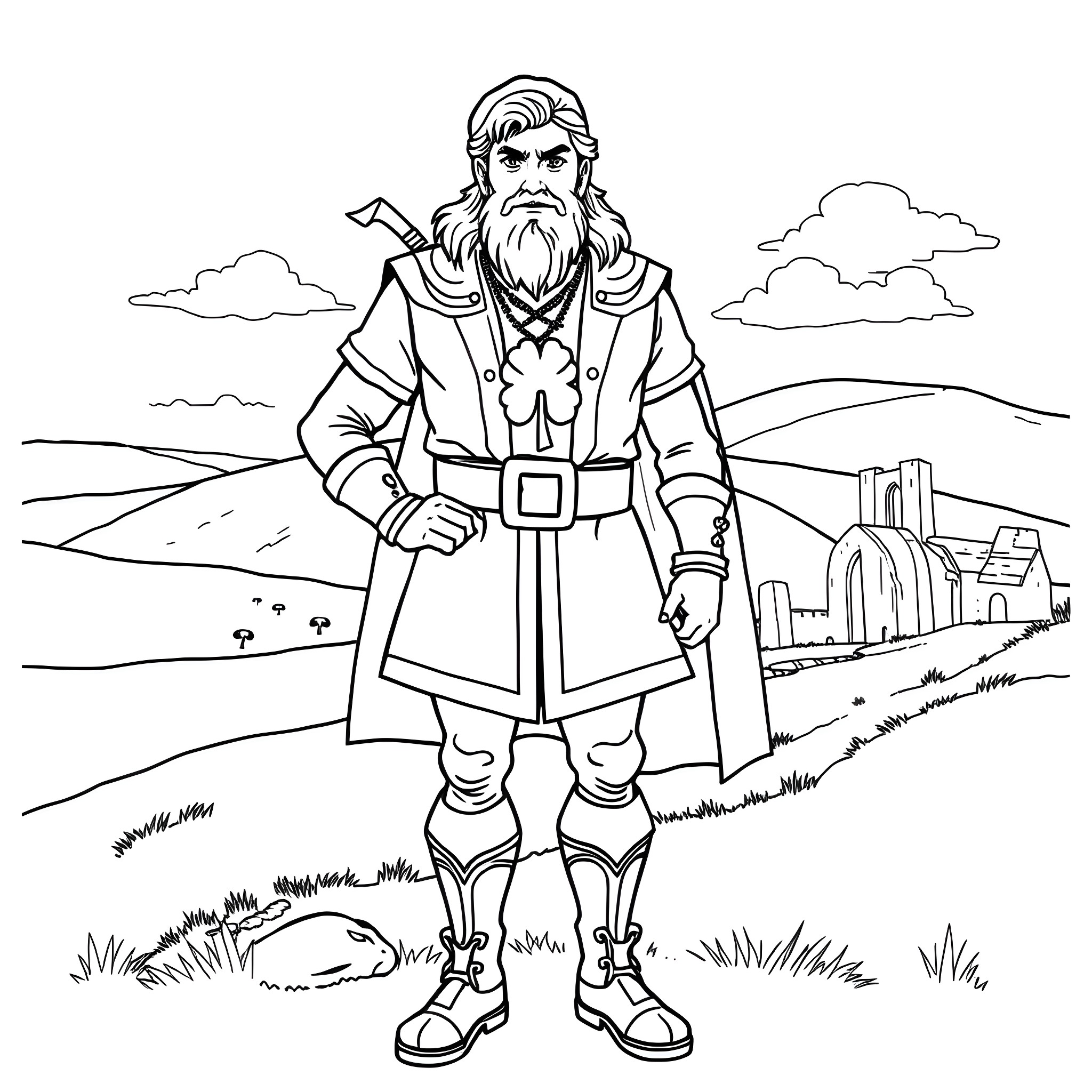 Irish Man Standing Tall in Countryside Landscape Coloring Page (free black-and-white line drawing printable PDF for all, from beginners to advanced learners, including children, teens, adults, and seniors)