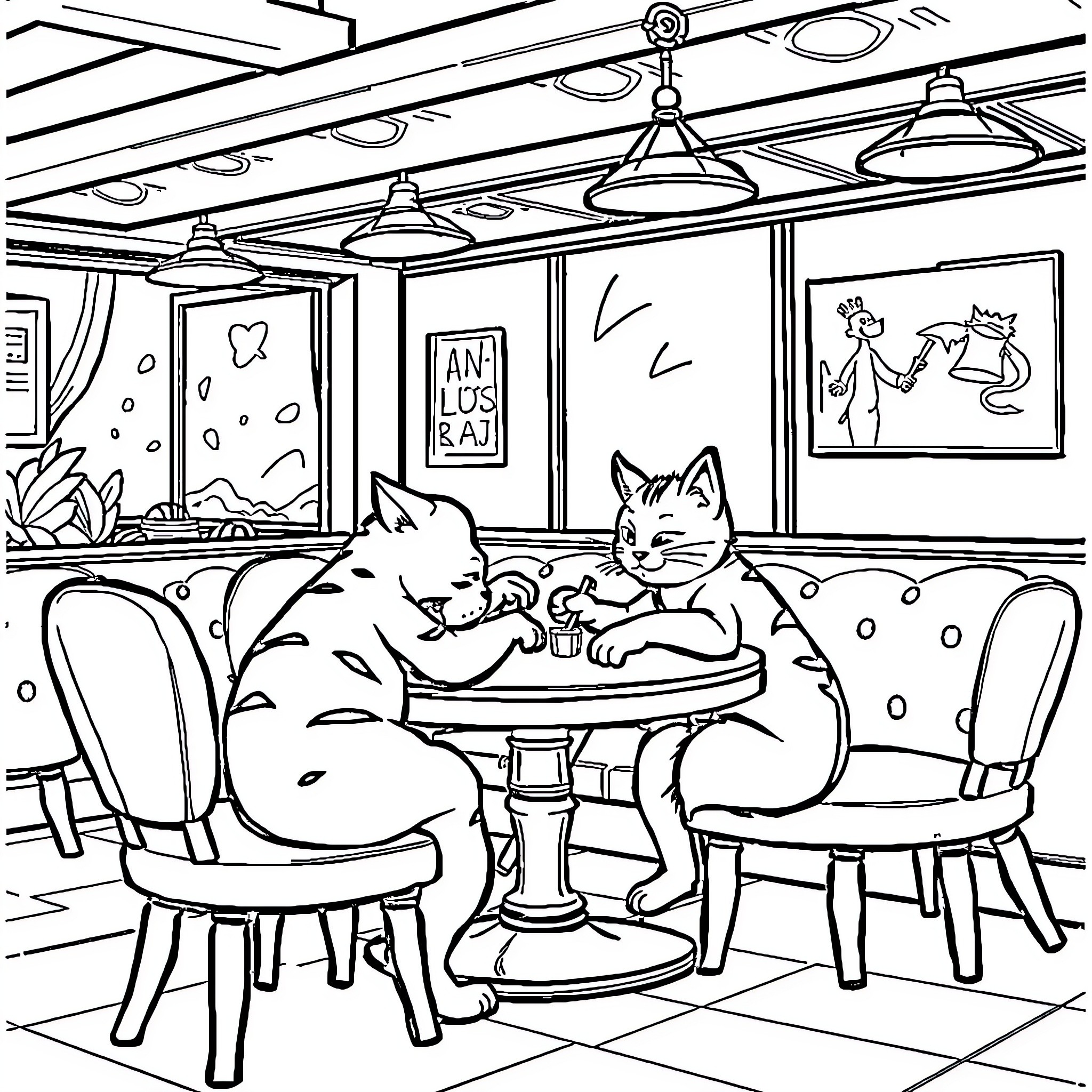 Garfiel's Cozy Cafe: Cats Enjoying a Meal Coloring Page (free black-and-white line drawing printable PDF for all, from beginners to advanced learners, including children, teens, adults, and seniors)