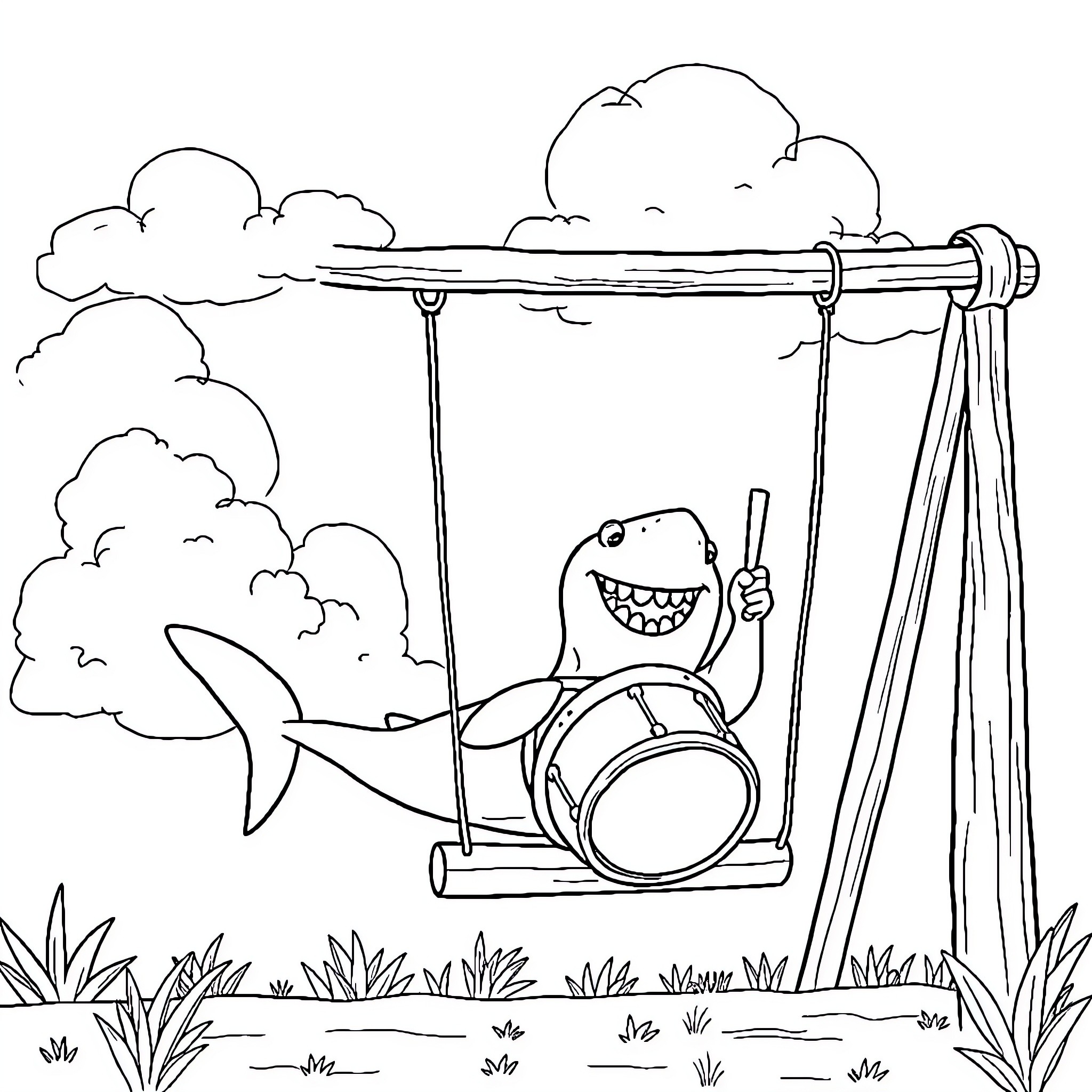 Shark swinging happily on a playground Coloring Page (free black-and-white line drawing printable PDF for all, from beginners to advanced learners, including children, teens, adults, and seniors)