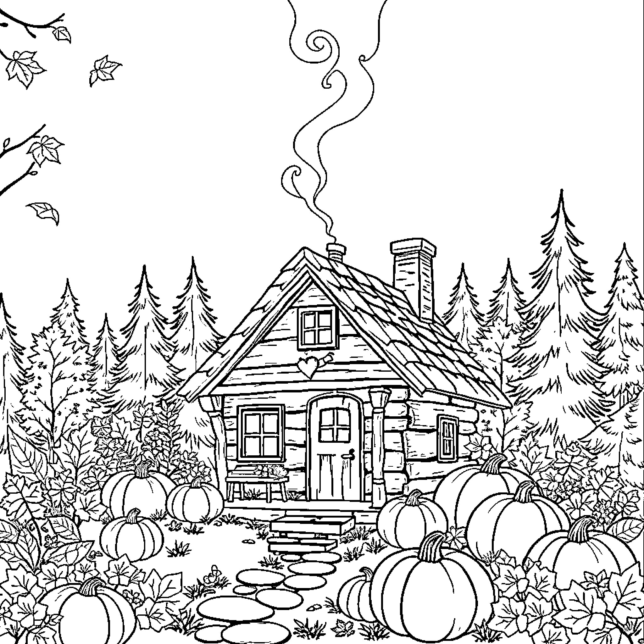 Cabin in the fall forest with pumpkins Coloring Page (free black-and-white line drawing printable PDF for all, from beginners to advanced learners, including children, teens, adults, and seniors)