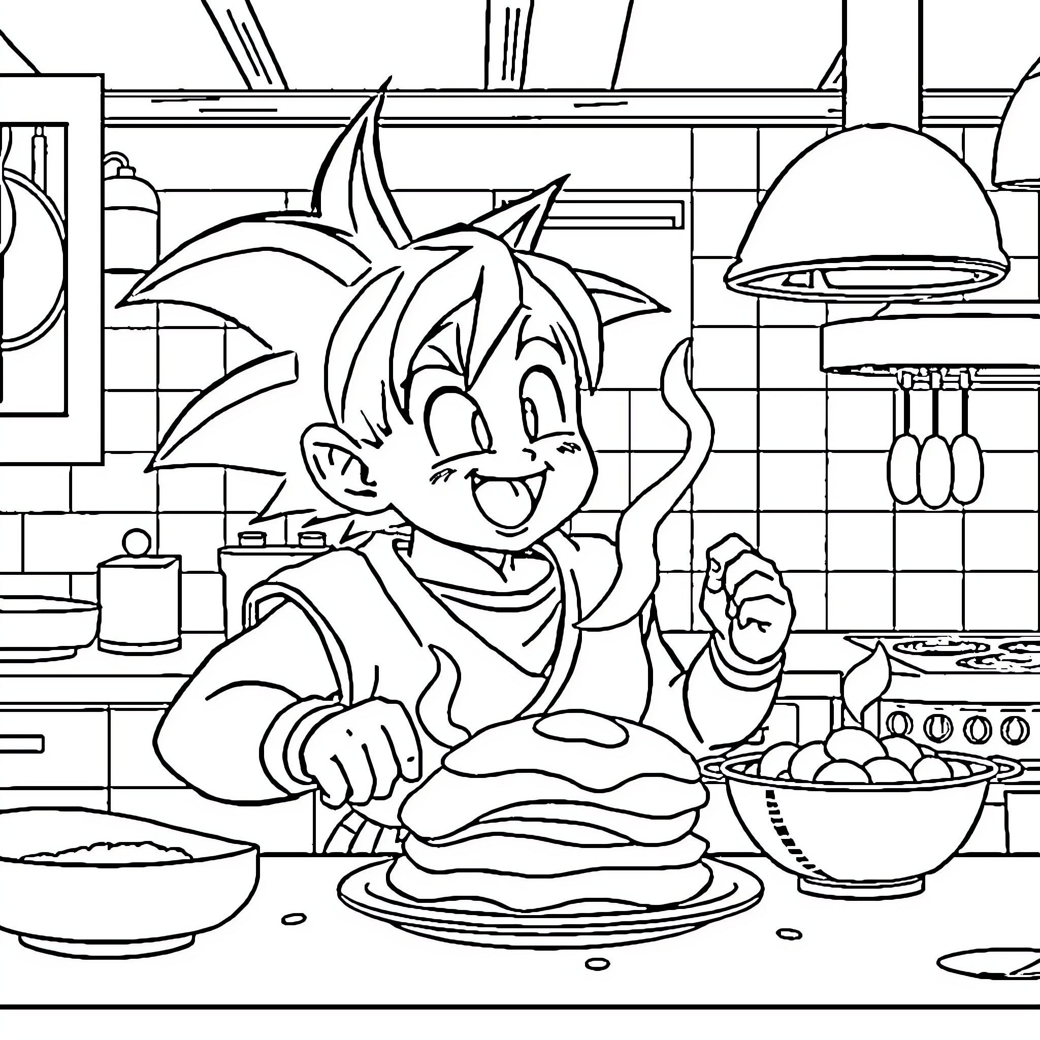 Son Goku Cooking Delicious Meal in Kitchen Coloring Page (free black-and-white line drawing printable PDF for all, from beginners to advanced learners, including children, teens, adults, and seniors)