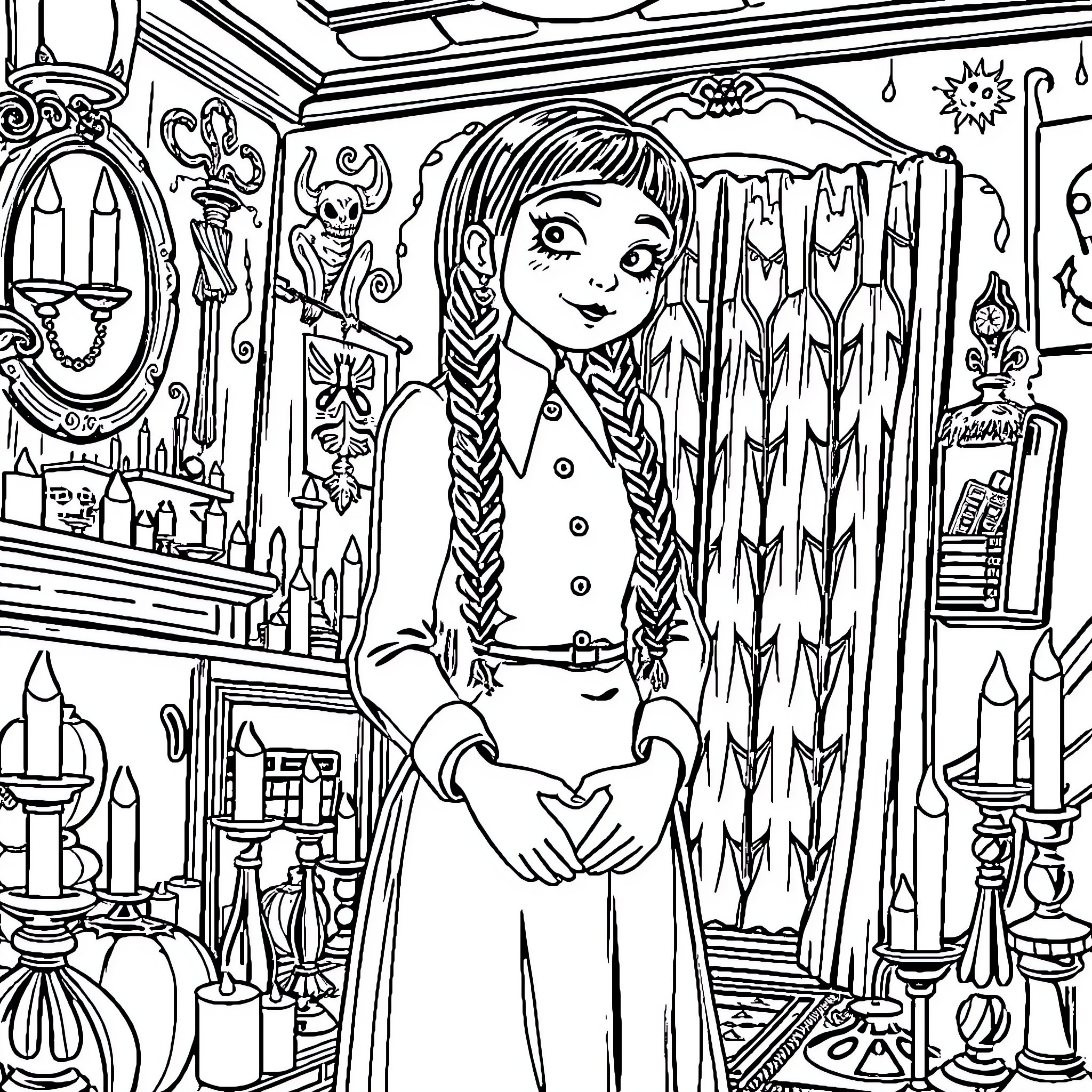 Wednesday's Cozy Cottage Decor Coloring Page (free black-and-white line drawing printable PDF for all, from beginners to advanced learners, including children, teens, adults, and seniors)