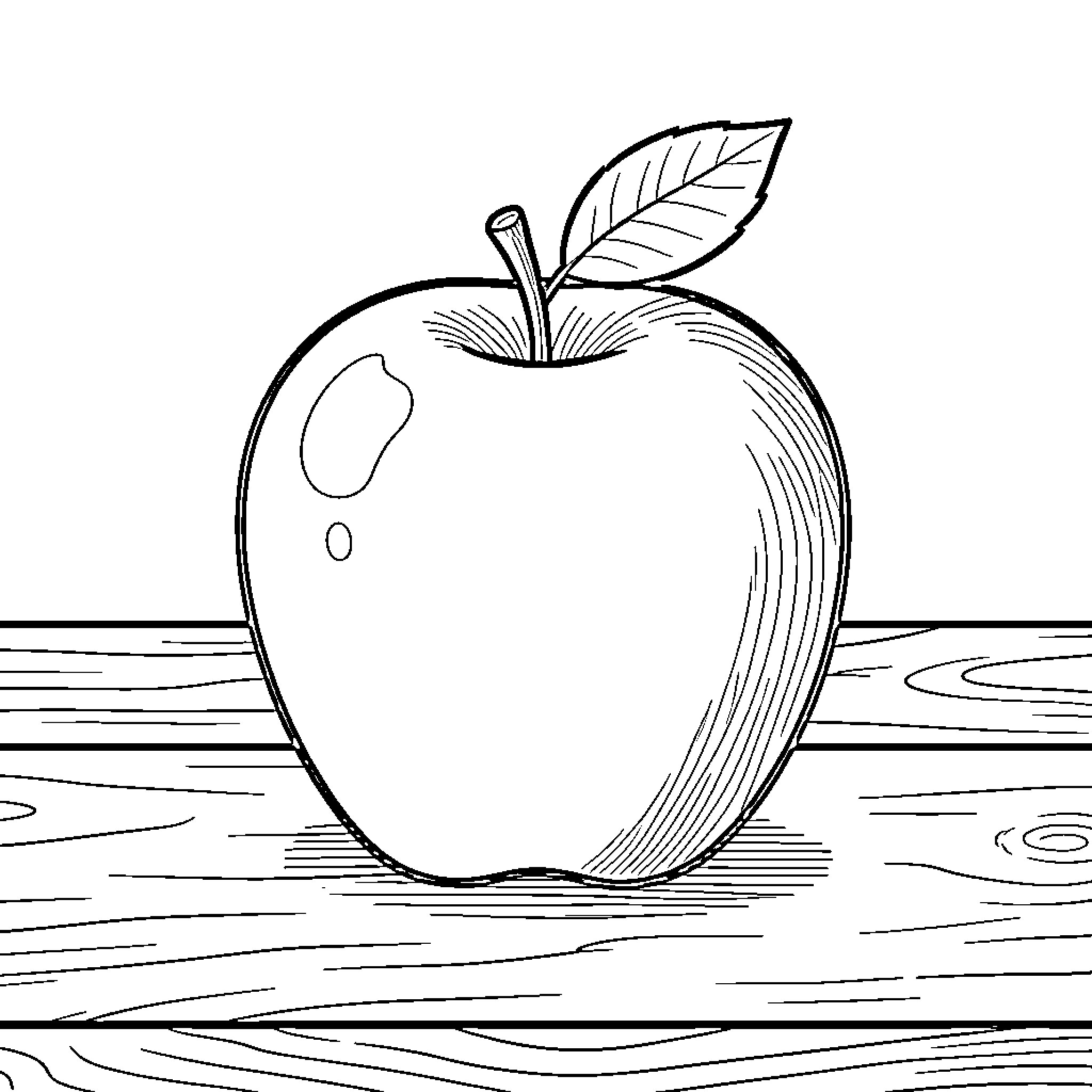 Apple Illustration on Wooden Surface Coloring Page (free black-and-white line drawing printable PDF for all, from beginners to advanced learners, including children, teens, adults, and seniors)