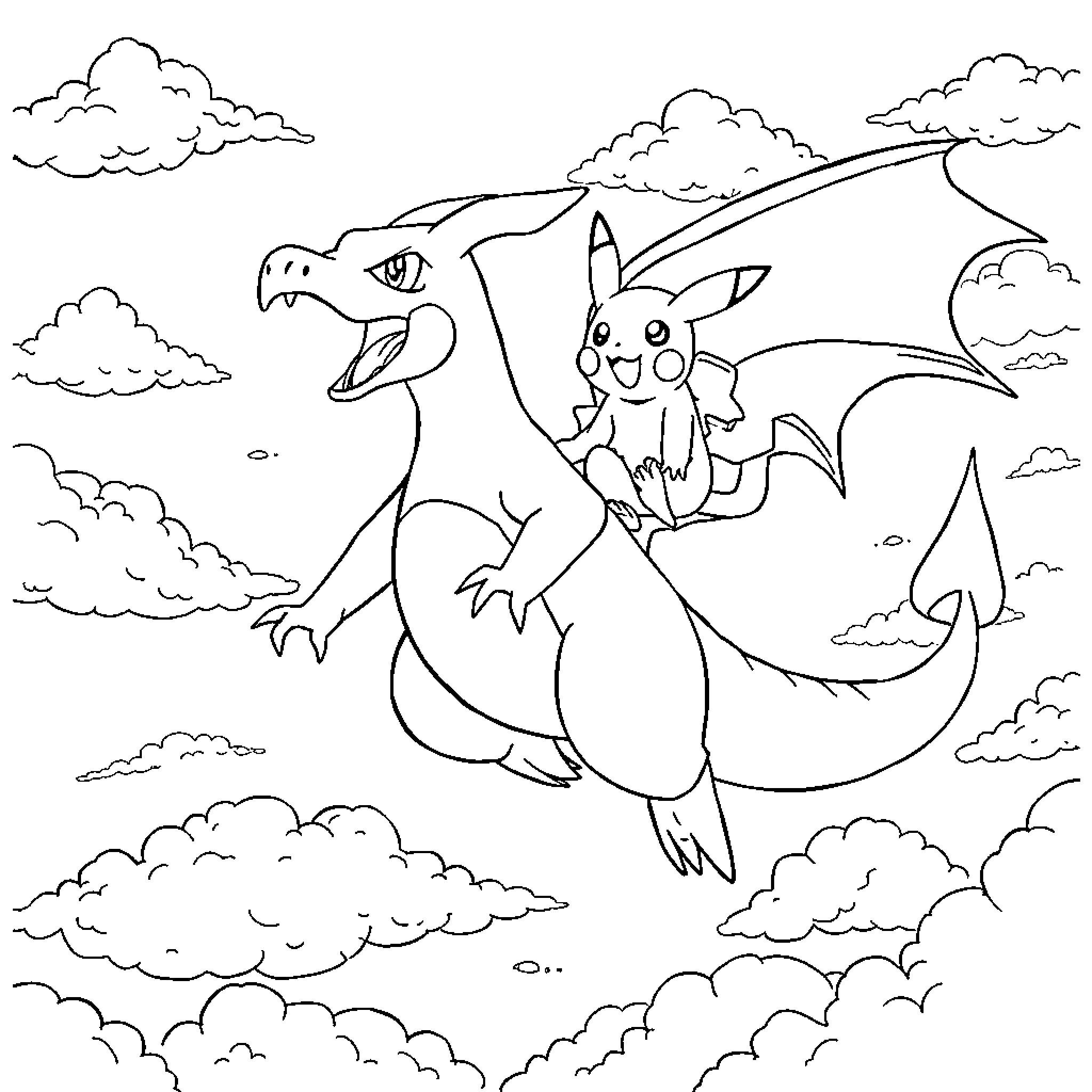 Charizard and Pikachu soaring through the clouds Coloring Page (free black-and-white line drawing printable PDF for all, from beginners to advanced learners, including children, teens, adults, and seniors)