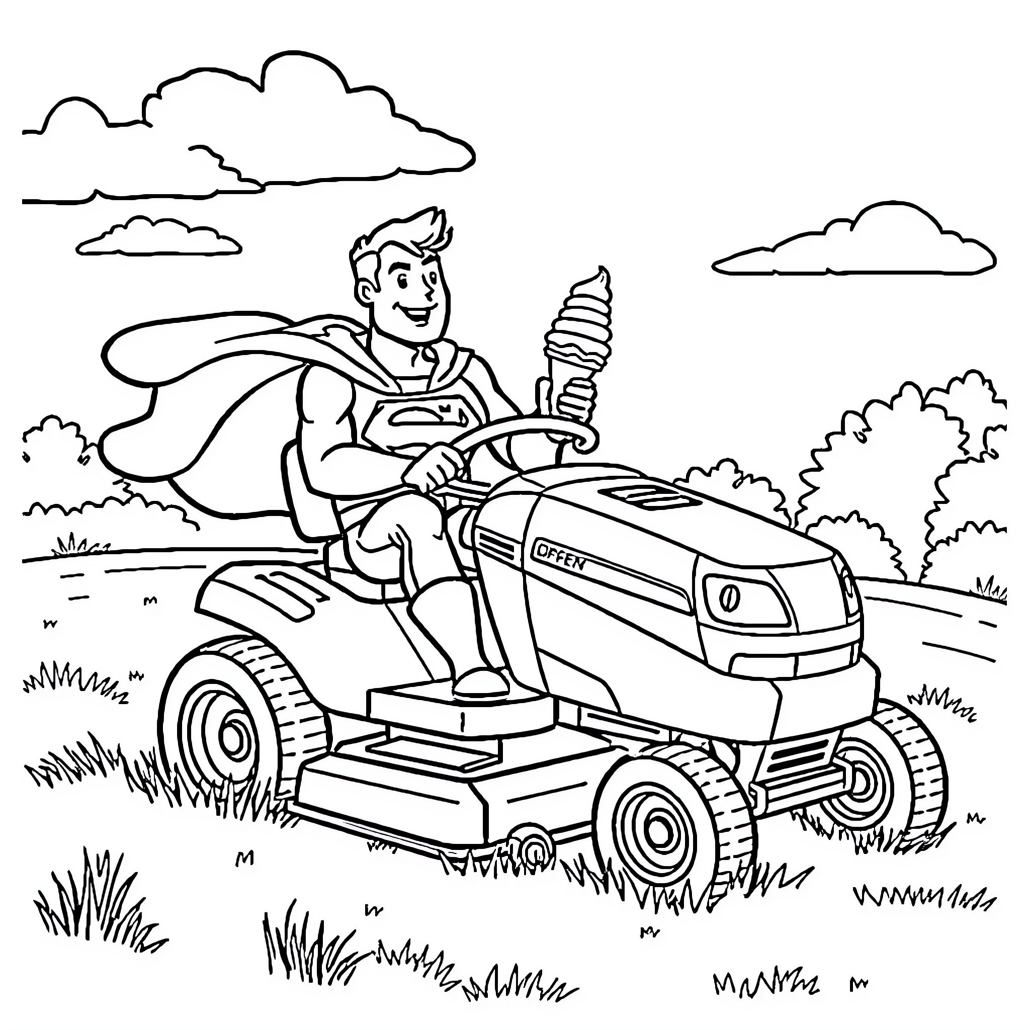 Superman riding a lawn mower in the countryside Coloring Page (free black-and-white line drawing printable PDF for all, from beginners to advanced learners, including children, teens, adults, and seniors)