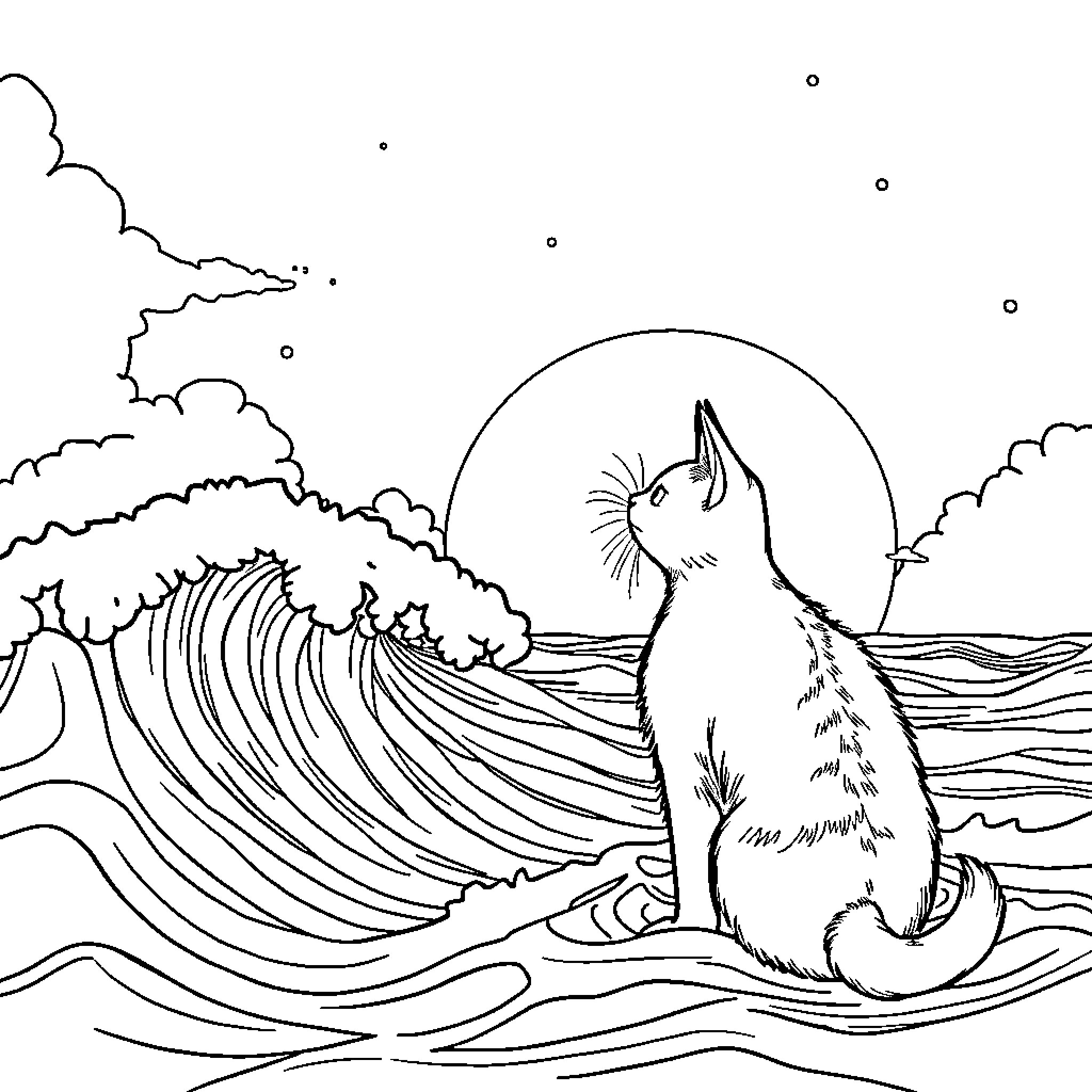 Cat gazing at waves in a serene landscape Coloring Page (free black-and-white line drawing printable PDF for all, from beginners to advanced learners, including children, teens, adults, and seniors)