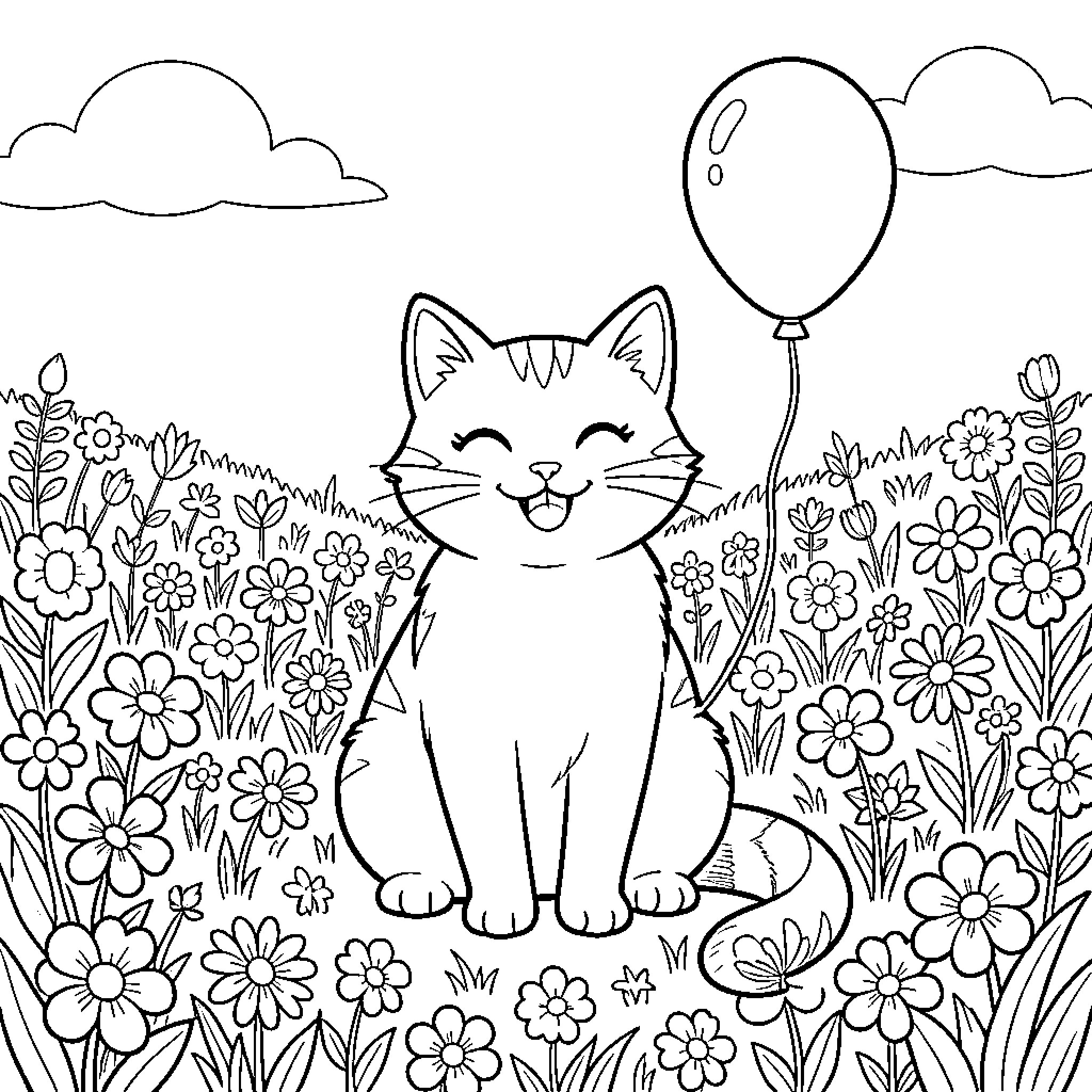 Gato playing with balloon in flowery field Coloring Page (free black-and-white line drawing printable PDF for all, from beginners to advanced learners, including children, teens, adults, and seniors)