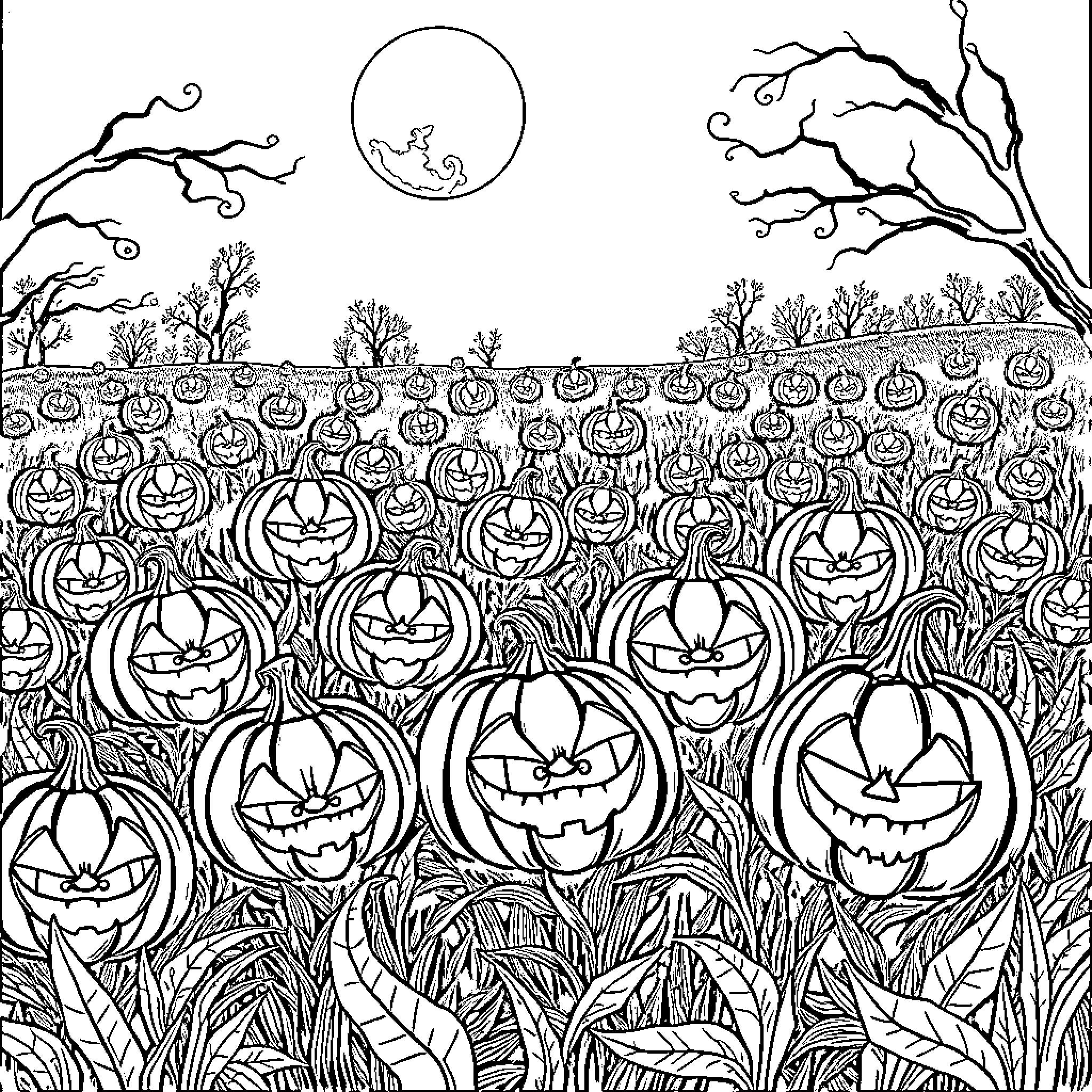 Jack-o'-lanterns in a spooky Halloween field Coloring Page (free black-and-white line drawing printable PDF for all, from beginners to advanced learners, including children, teens, adults, and seniors)