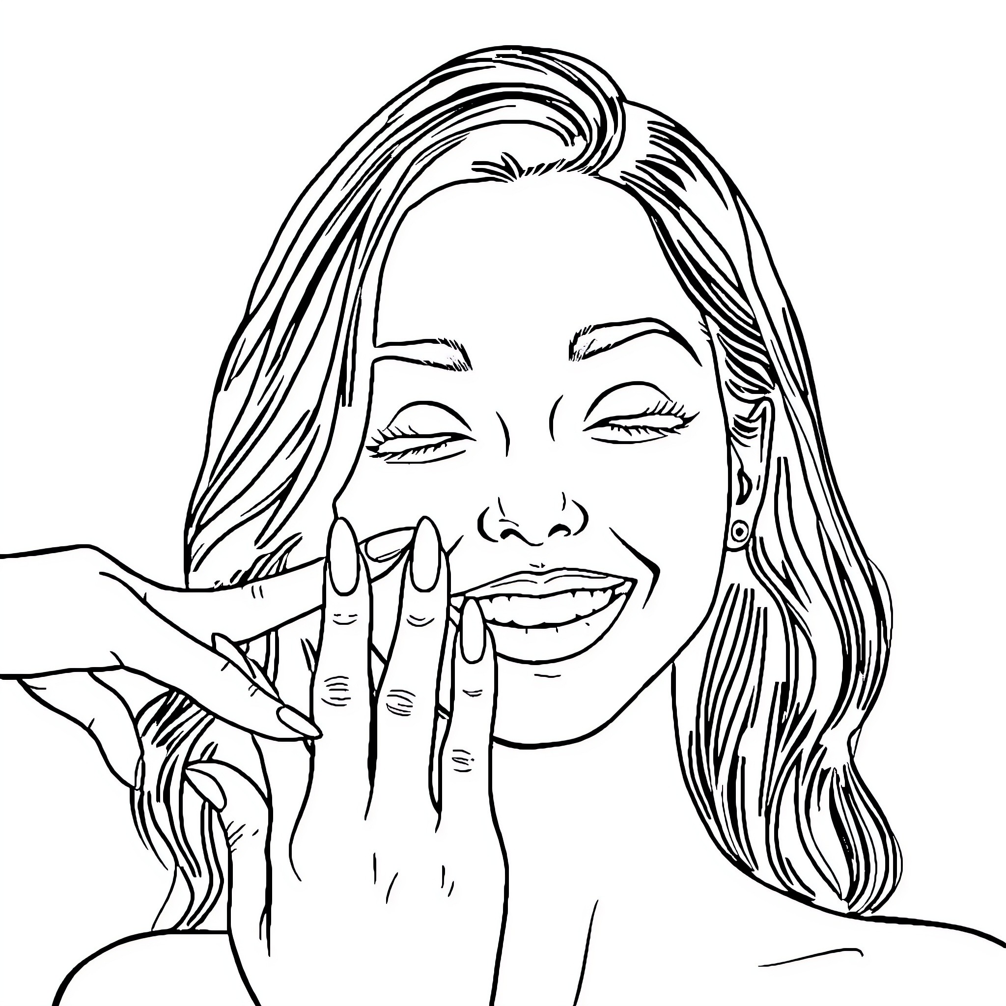 Woman laughing joyfully with hands on face Coloring Page (free black-and-white line drawing printable PDF for all, from beginners to advanced learners, including children, teens, adults, and seniors)