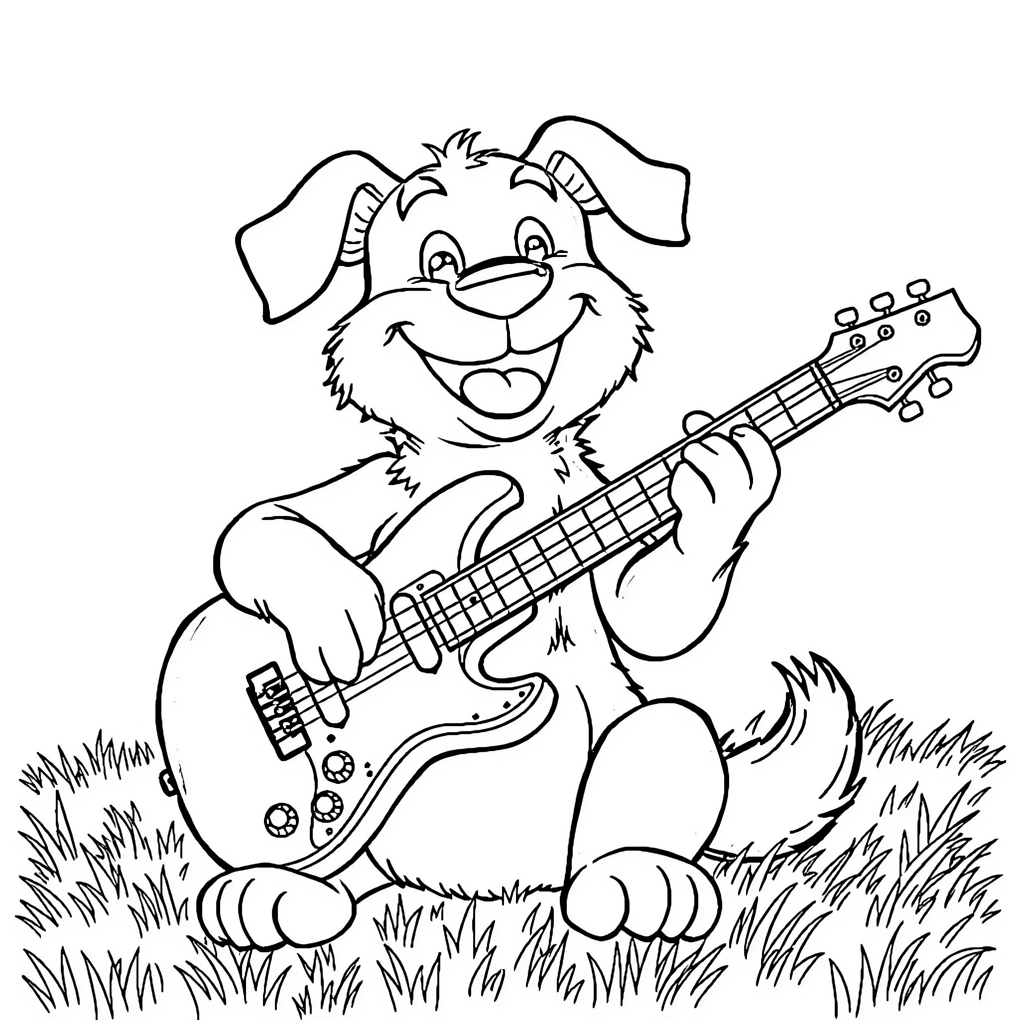 Bluey playing guitar happily in the grass Coloring Page (free black-and-white line drawing printable PDF for all, from beginners to advanced learners, including children, teens, adults, and seniors)