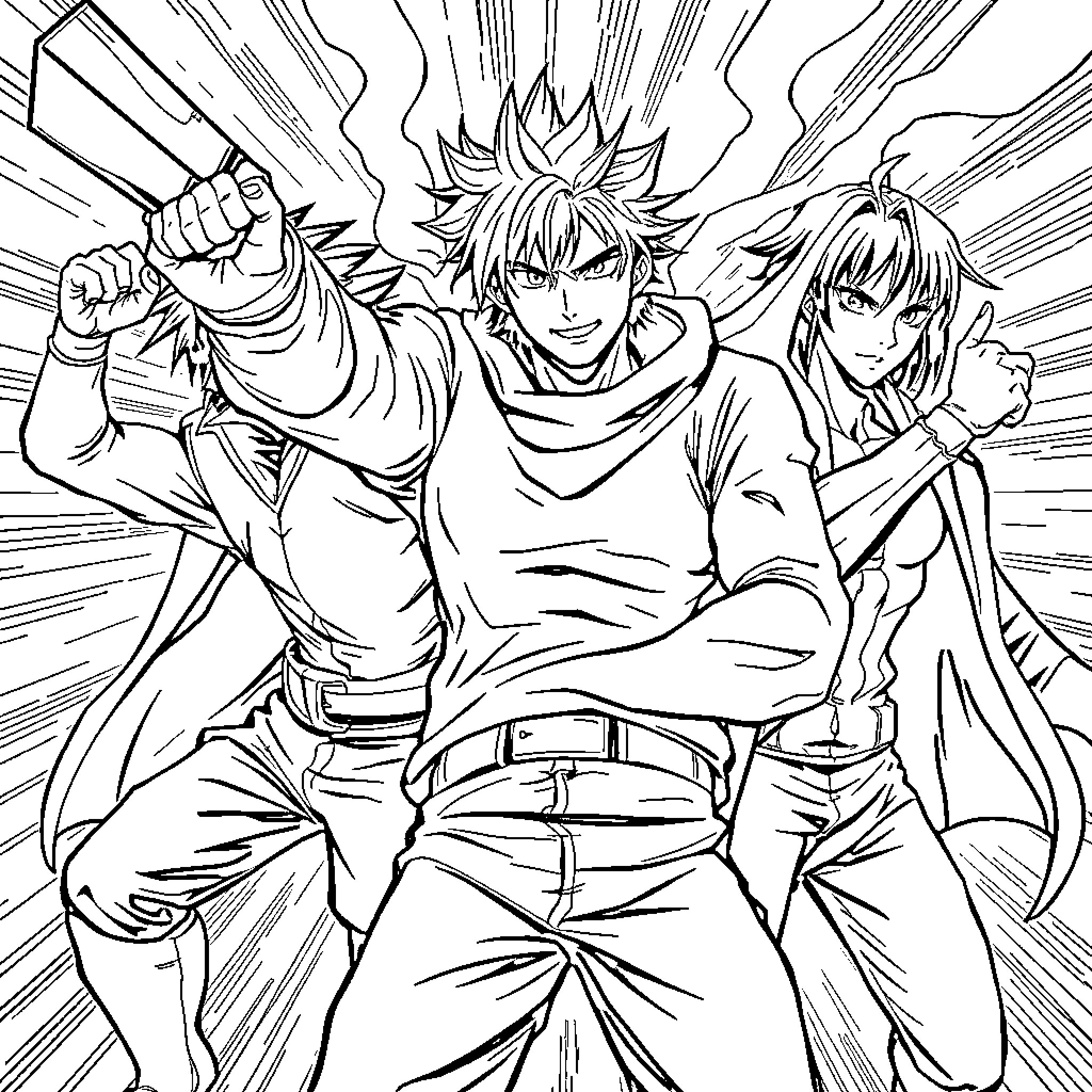 Manga Characters Engaging in Intense Action Coloring Page (free black-and-white line drawing printable PDF for all, from beginners to advanced learners, including children, teens, adults, and seniors)