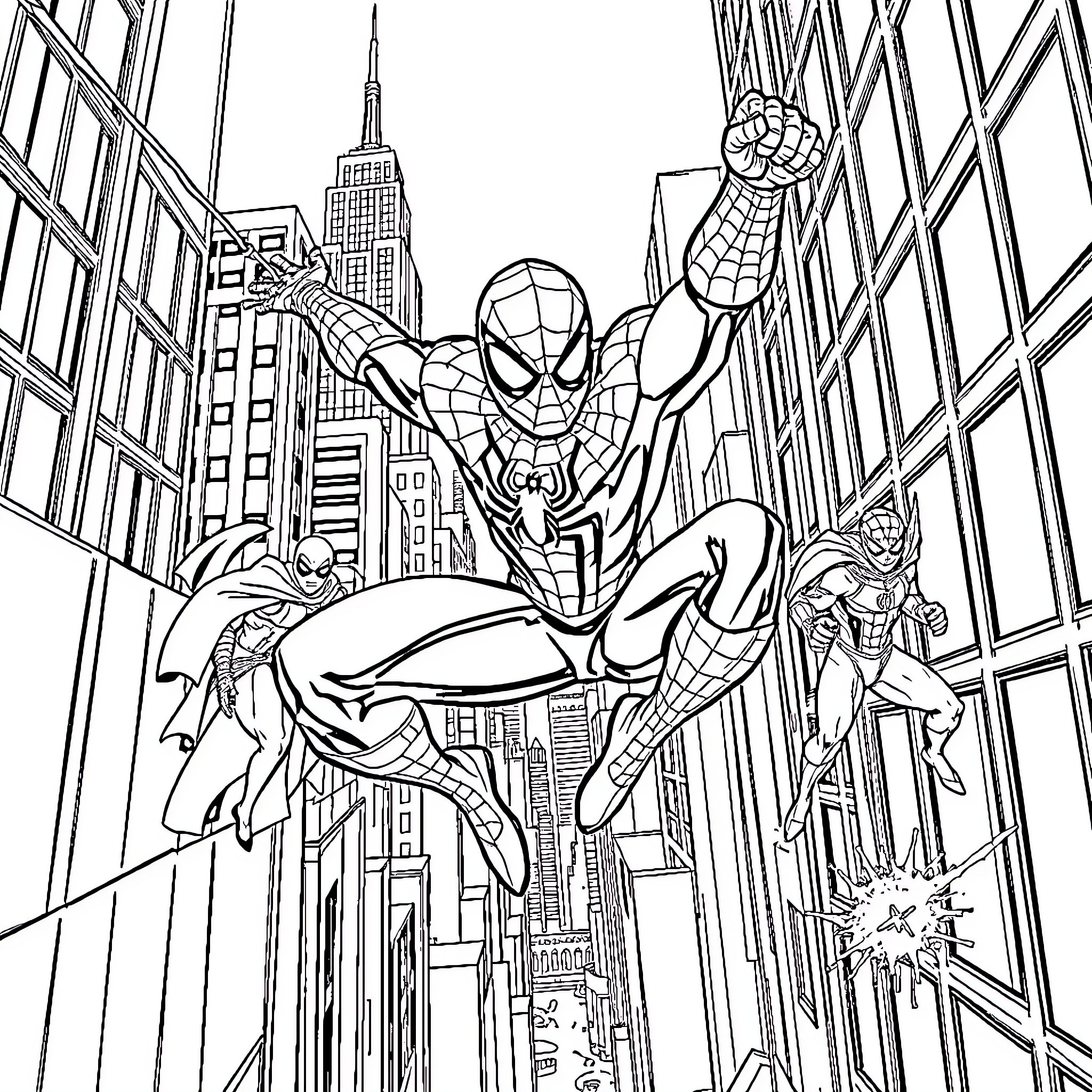 Spiderman swinging through the city with other superheroes Coloring Page (free black-and-white line drawing printable PDF for all, from beginners to advanced learners, including children, teens, adults, and seniors)