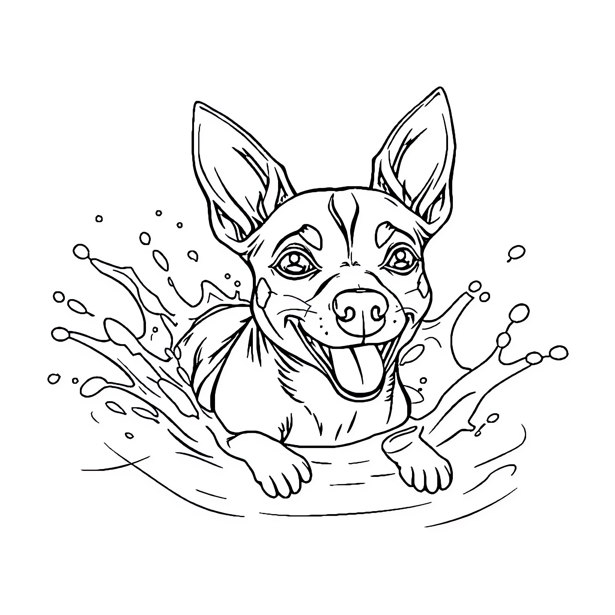 Min Pin Splashing in Puddle with Joy Coloring Page (free black-and-white line drawing printable PDF for all, from beginners to advanced learners, including children, teens, adults, and seniors)
