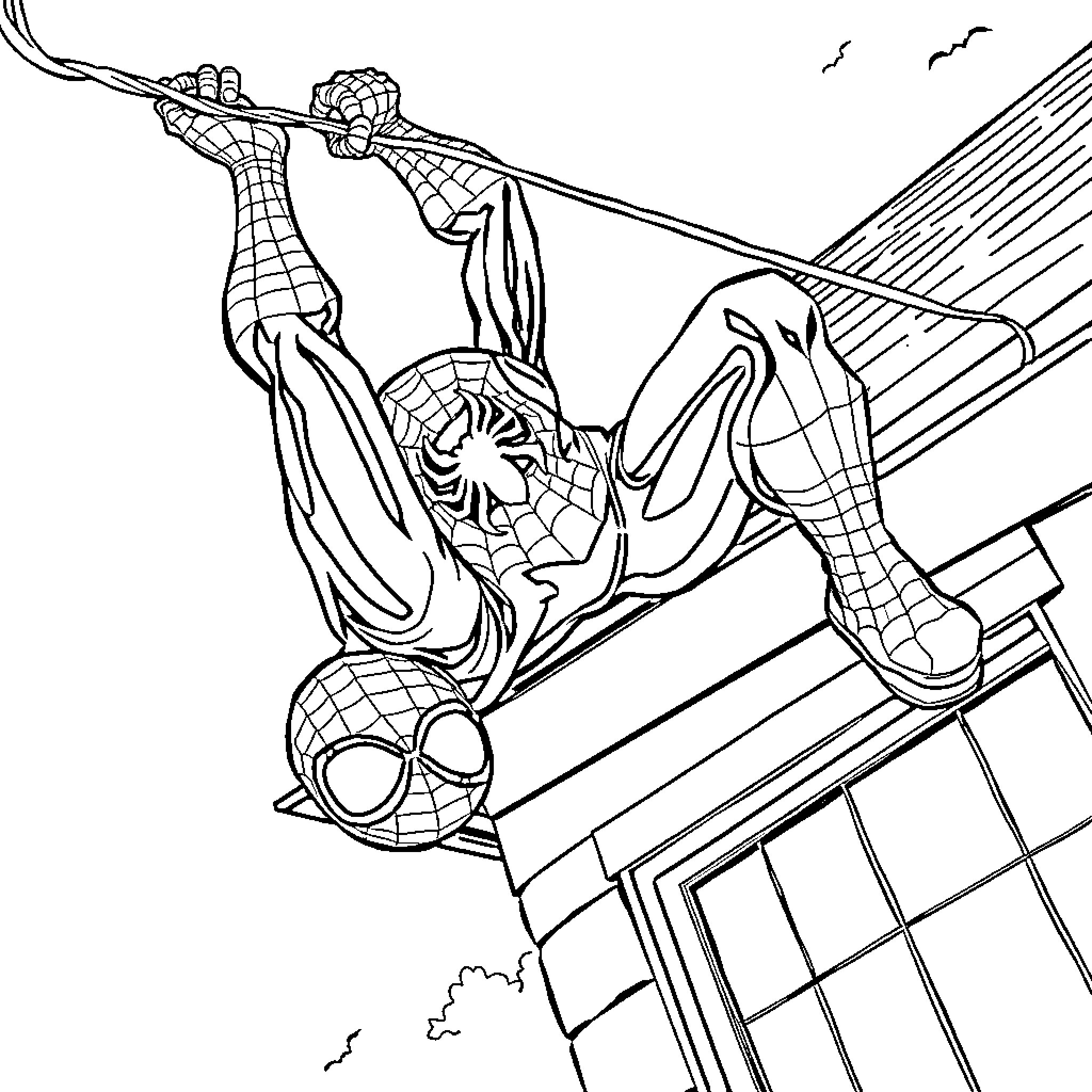 Spider-Man swinging through the city in action-packed pose Coloring Page (free black-and-white line drawing printable PDF for all, from beginners to advanced learners, including children, teens, adults, and seniors)