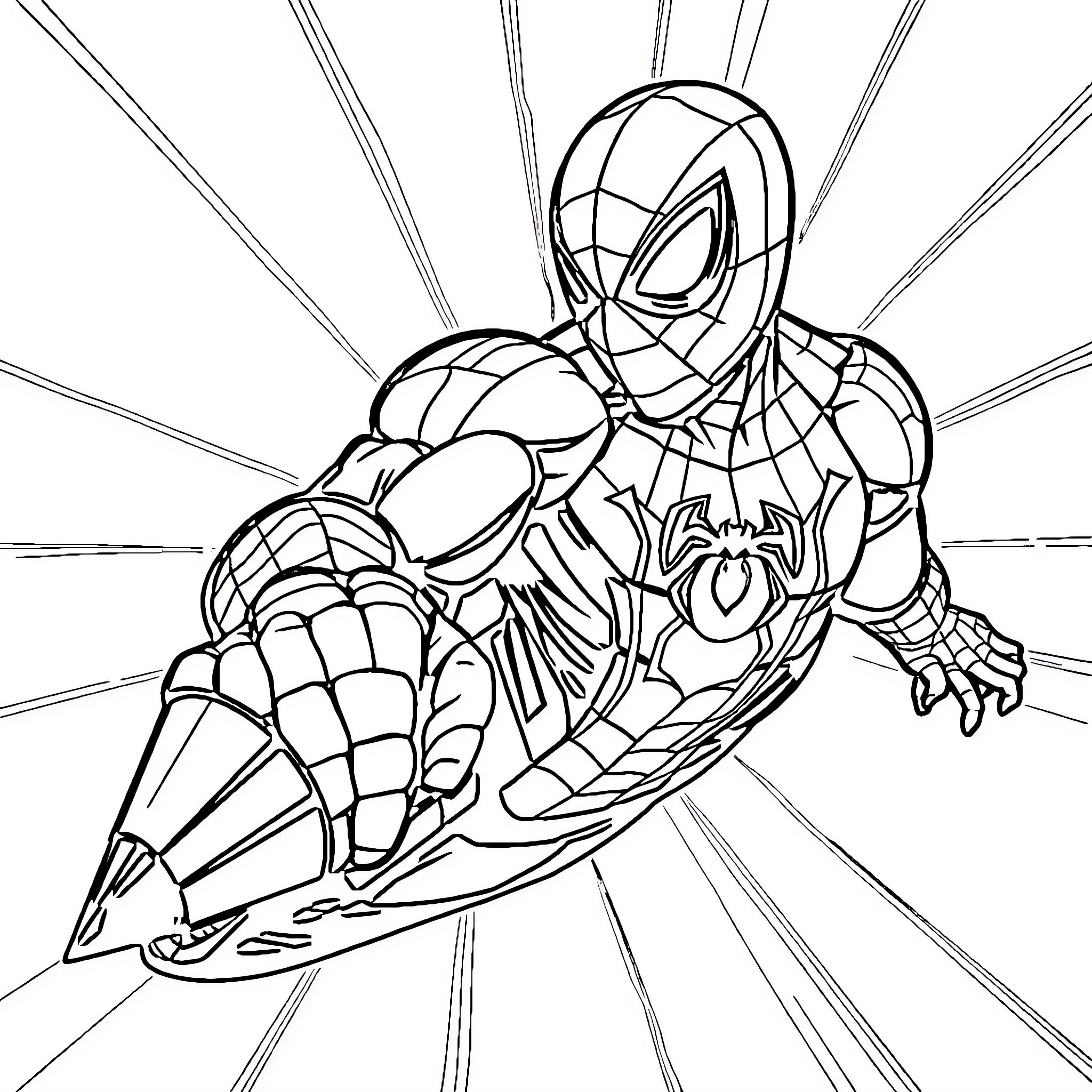 Spiderman leaping into action on the battlefield Coloring Page (free black-and-white line drawing printable PDF for all, from beginners to advanced learners, including children, teens, adults, and seniors)