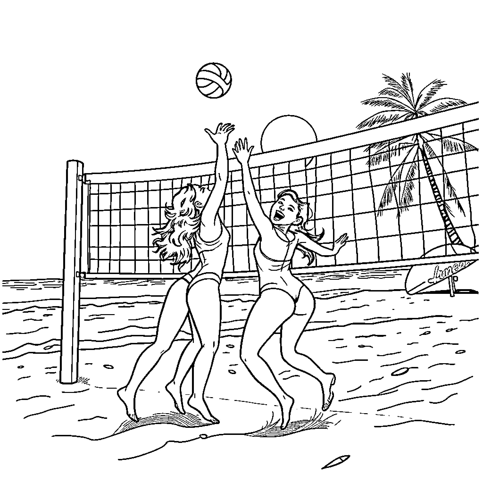 Women playing volleyball on the beach Coloring Page (free black-and-white line drawing printable PDF for all, from beginners to advanced learners, including children, teens, adults, and seniors)