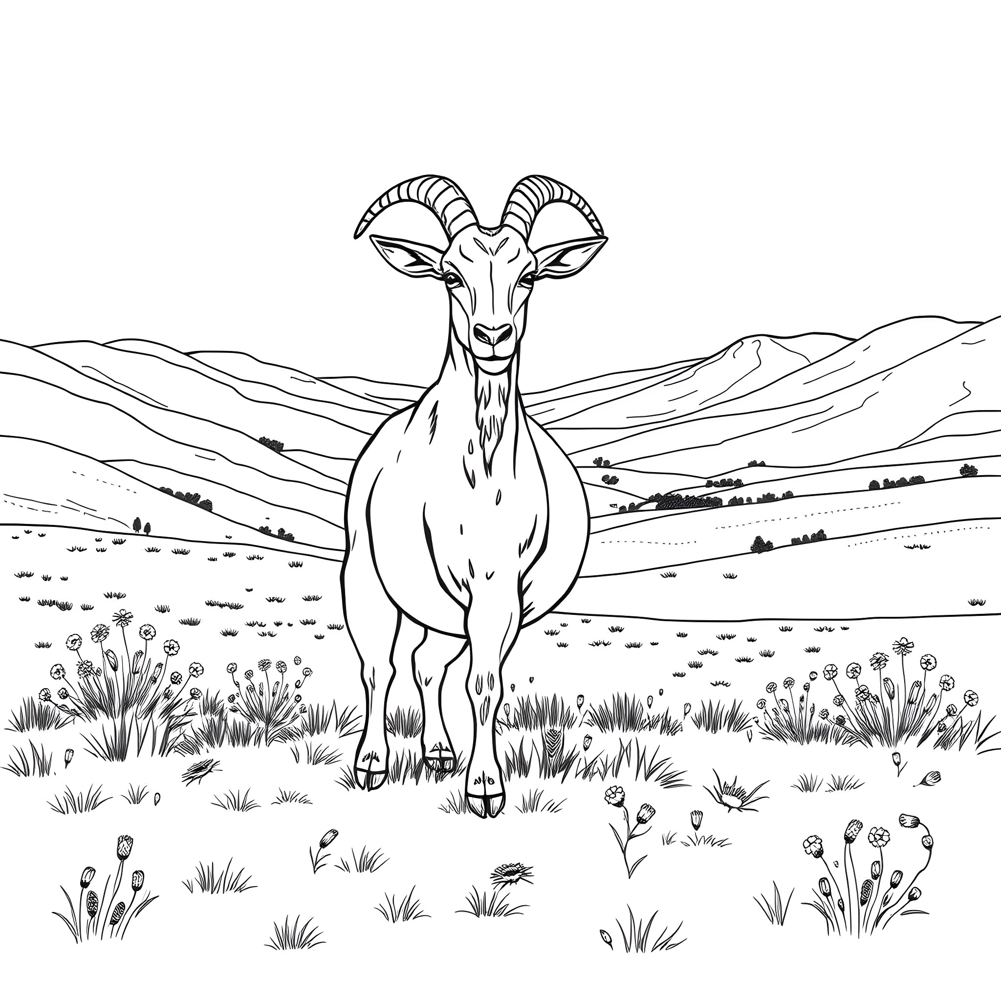 Goat standing tall in the wild landscape Coloring Page (free black-and-white line drawing printable PDF for all, from beginners to advanced learners, including children, teens, adults, and seniors)