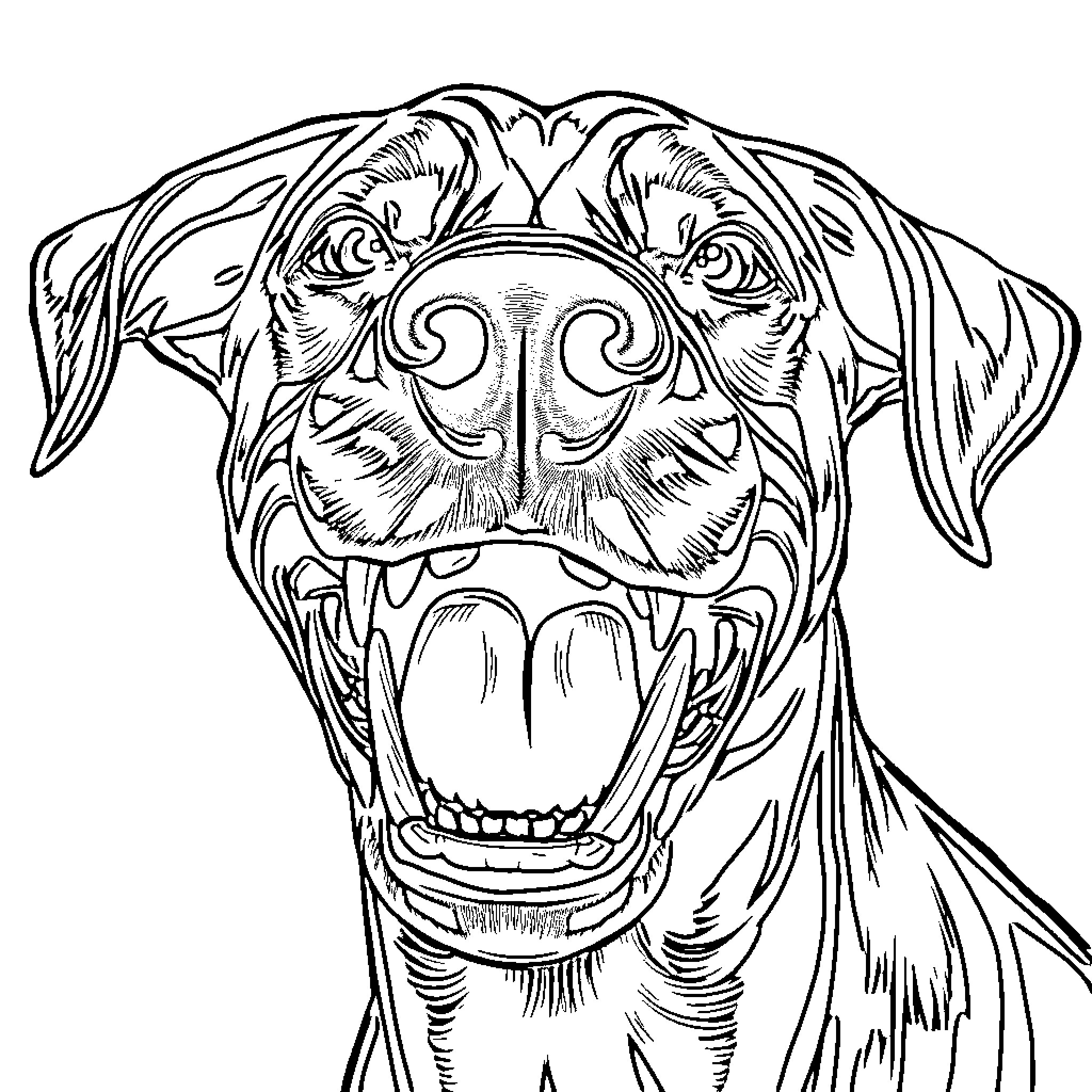 Doberman's Energetic Expression Coloring Page (free black-and-white line drawing printable PDF for all, from beginners to advanced learners, including children, teens, adults, and seniors)