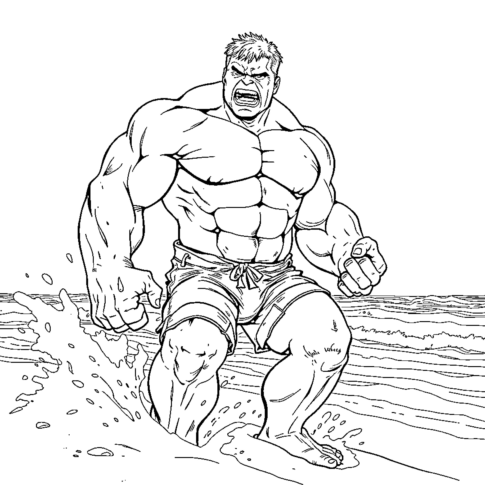 Hulk's Powerful Coastal Rampage Coloring Page (free black-and-white line drawing printable PDF for all, from beginners to advanced learners, including children, teens, adults, and seniors)