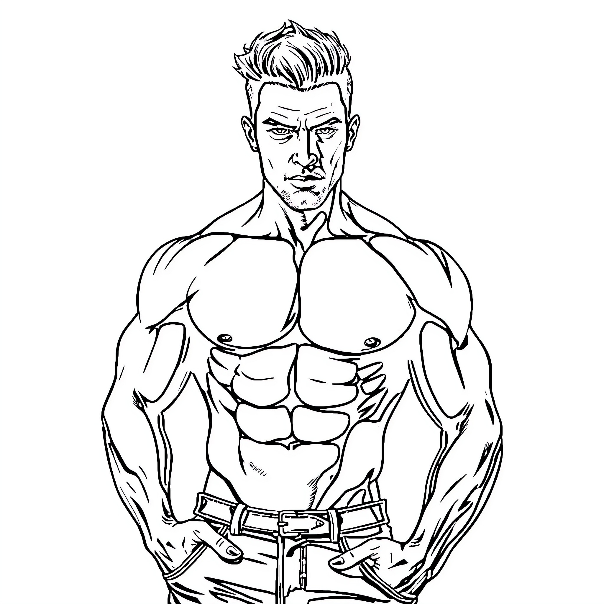 Man with muscular physique and confident expression Coloring Page (free black-and-white line drawing printable PDF for all, from beginners to advanced learners, including children, teens, adults, and seniors)