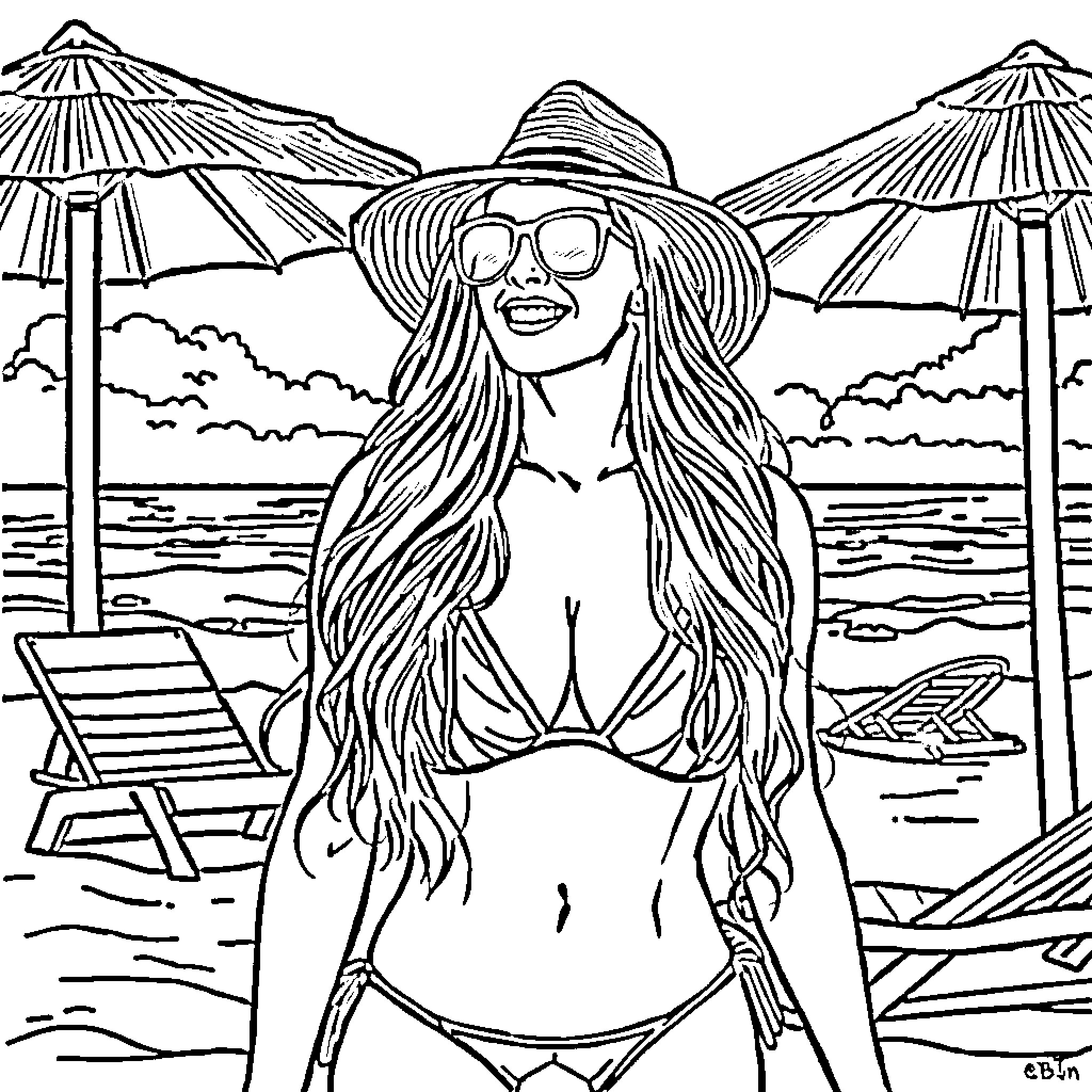 Stephanie McMahon at the beach, enjoying the sun and scenery Coloring Page (free black-and-white line drawing printable PDF for all, from beginners to advanced learners, including children, teens, adults, and seniors)